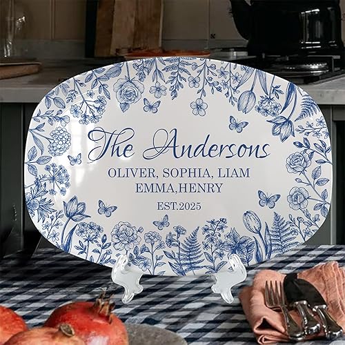 Personalized Family Name Floral Platter – Custom Botanical Serving Plate with Established Year and Name – Vintage Style Family Picture Platter for Housewarming, Wedding or New Home Gift Idea