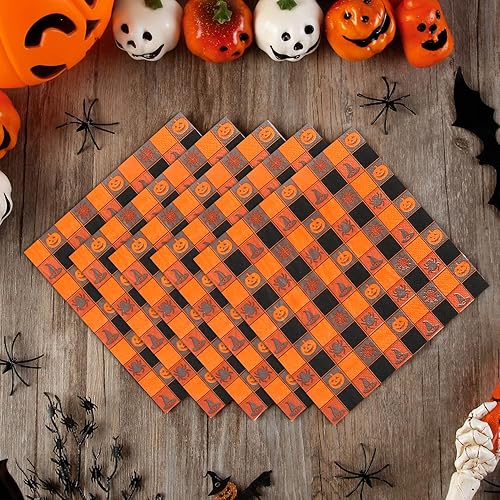 Miniatura 3 de Servilletas de papel de Halloween, servilletas de cóctel a cuadros de búfalo naranja y negro, servilletas de barra desechables para el hogar,