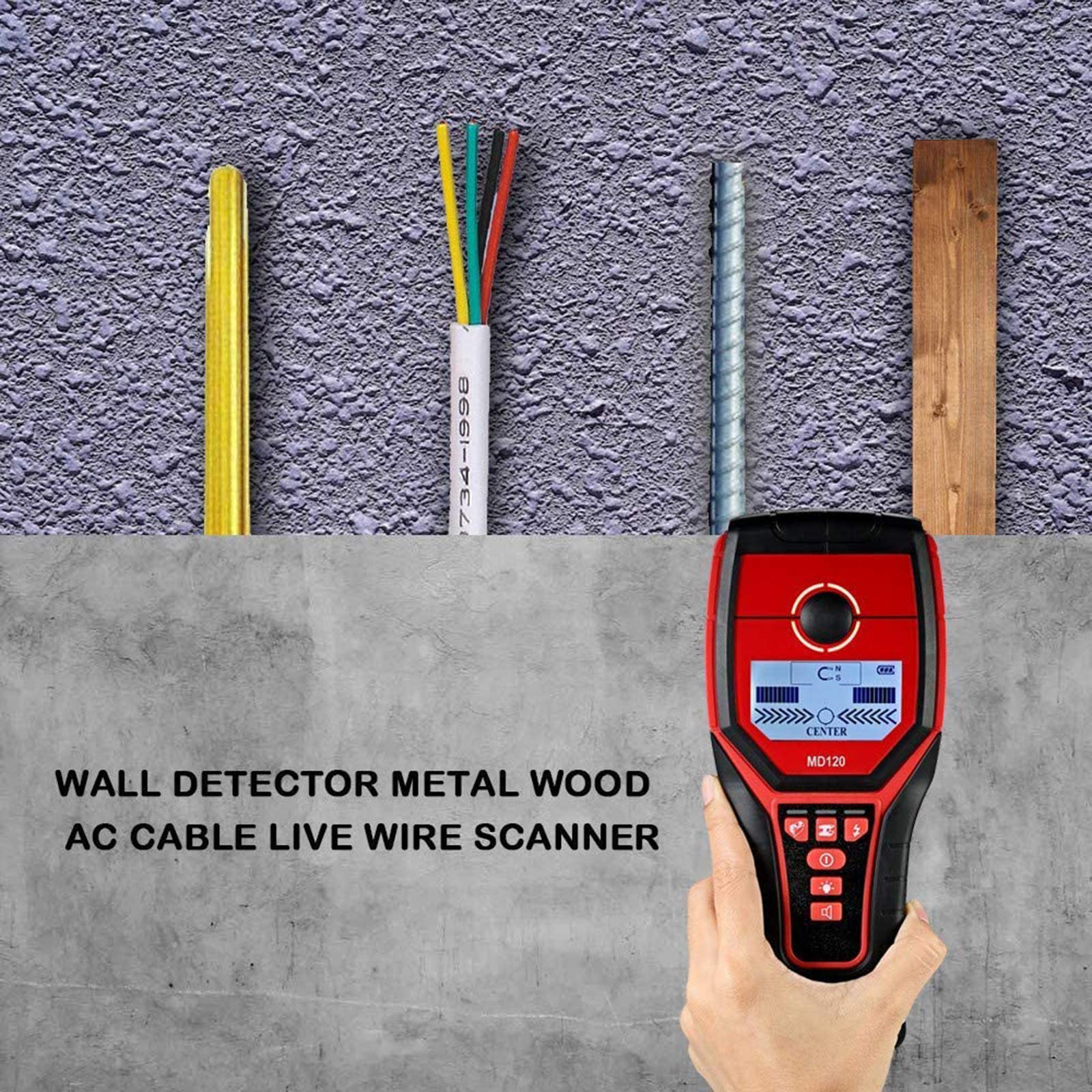 Detector de Pared Multifuncional, escáner de Pared portátil Metales Cables de Madera Alambres Instrumento de detección de tuberías de Agua (Rojo)