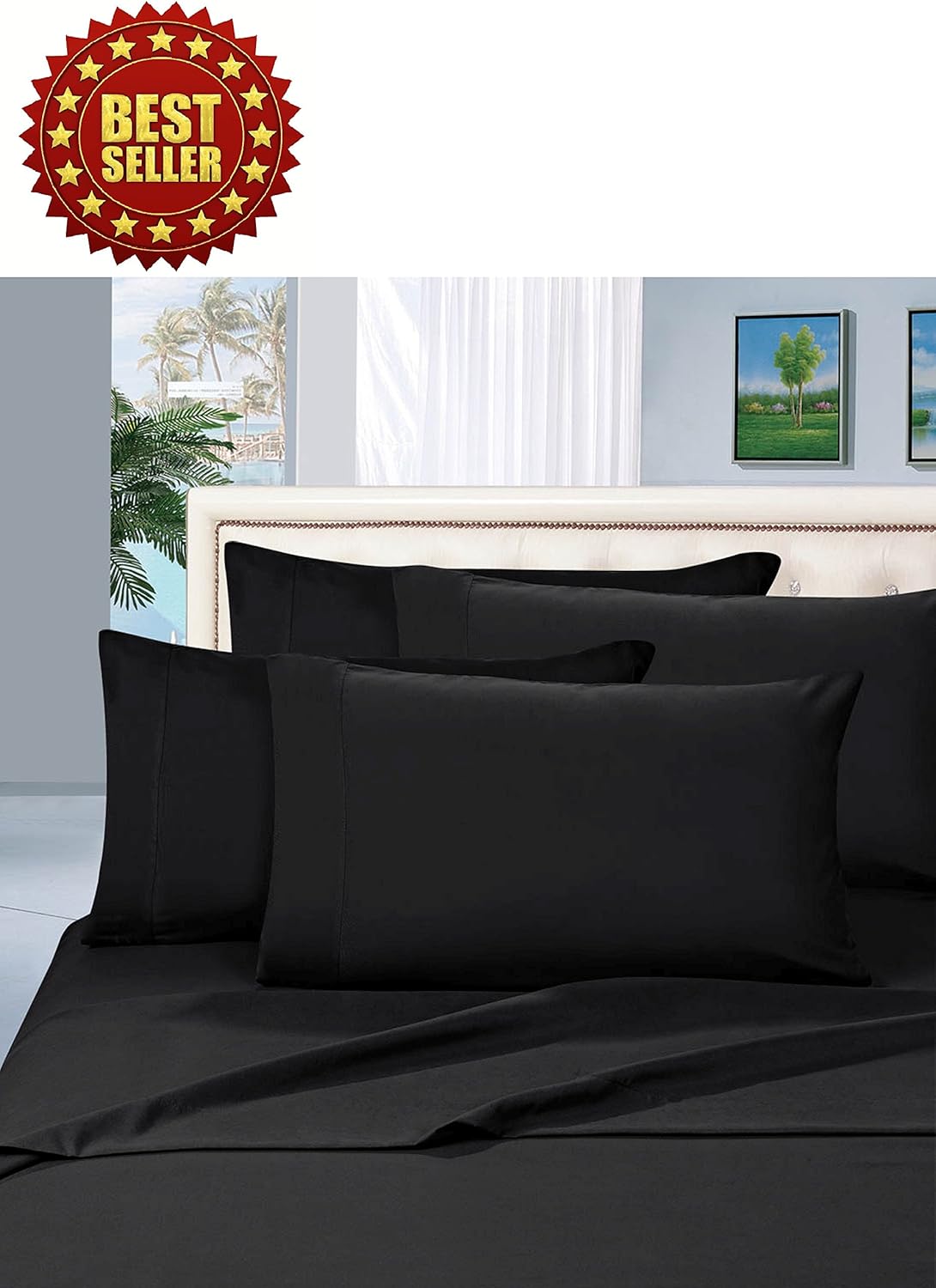 CELINE LINEN Wrinkle and Fade Resistant 1800 Premier Luxurious 4-Piece Bed Sheet Set, Deep Pocket up to 16 inch, King Black