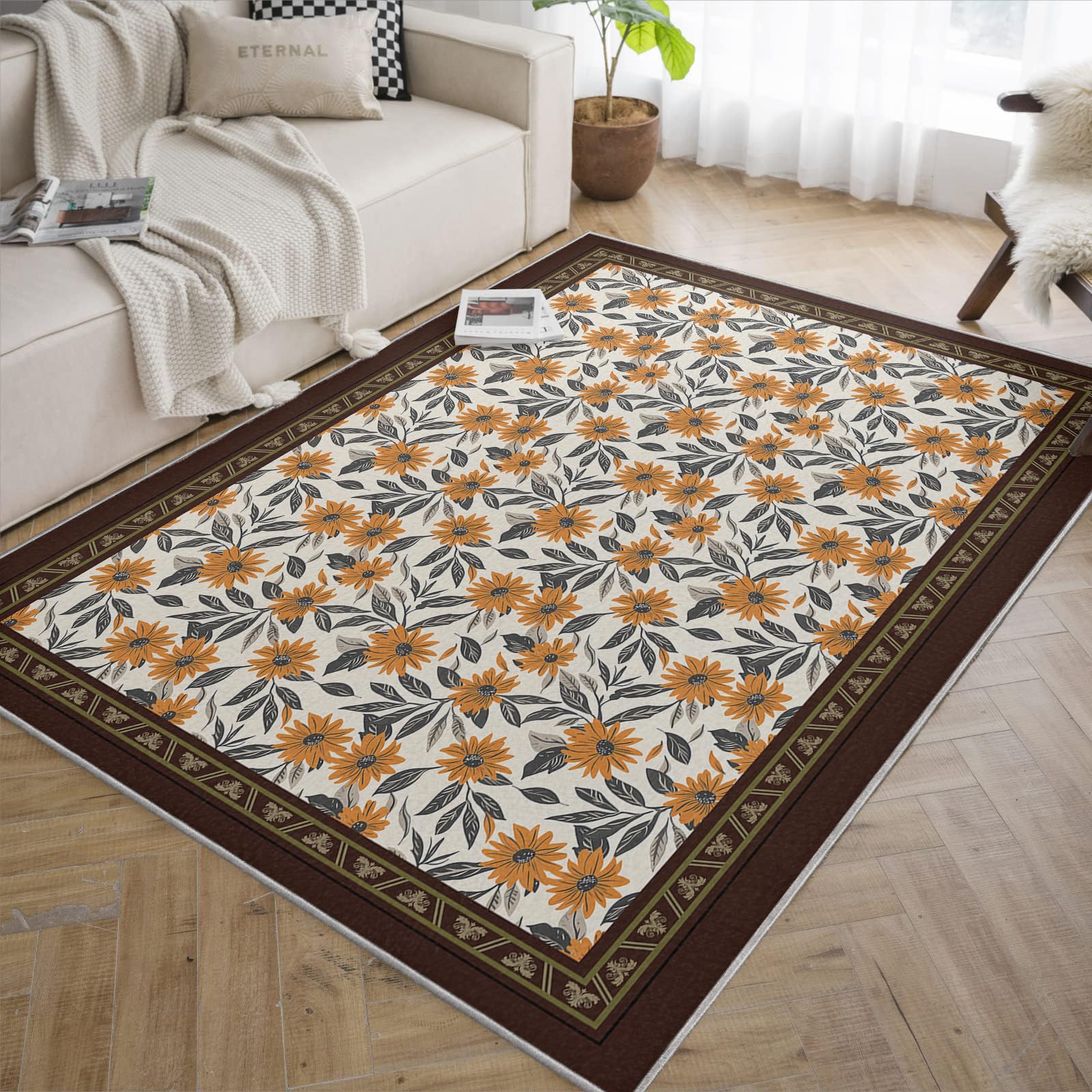 Dywan kwiatowy w stylu boho, 120 x 200 cm, nadaje się do prania, świecący pomarańczowy słonecznik-brązowy dywan do salonu, do salonu, dekoracja podłogi