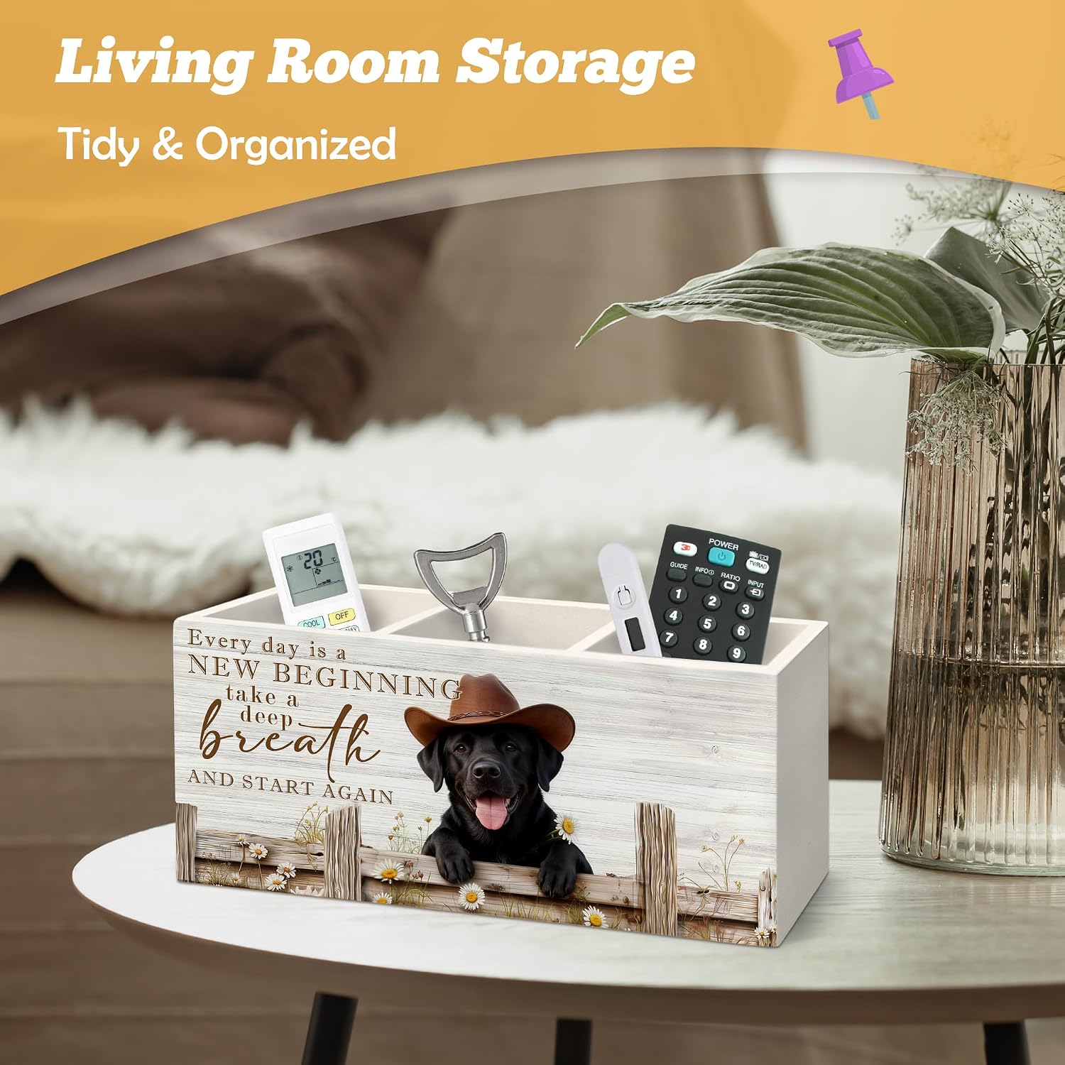 Inspirational Western Cowboy Black Labrador Pen Holder Organizer for Desk Accessories, Farmhouse Daisy Floral Black Lab Dog Wooden Box Sign Desk Decorations for Home Office Decor image 4