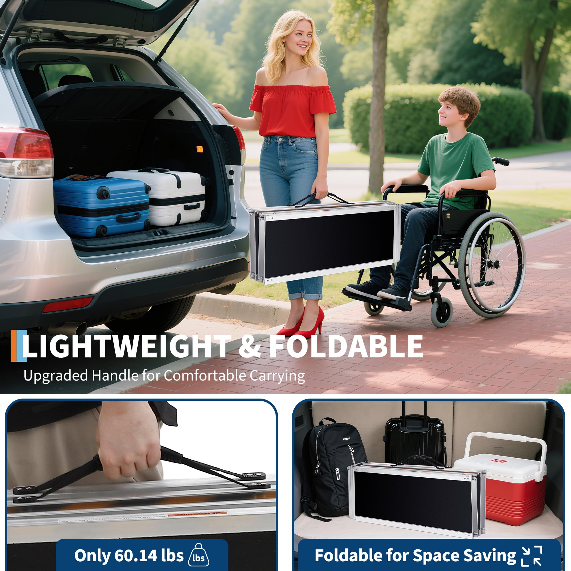 Garvee Rampa Plegable para Silla de Ruedas de 7 pies - Aluminio Antideslizante - 600lb de Capacidad - Portátil y Ligera - Ideal para Escalones, Puertas, Autos y Scooters - Incluye Superficie de Cuero
