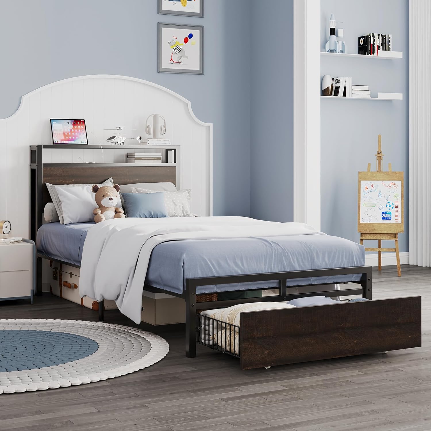 LIKIMIO Twin XL Bed Frames with Drawer, Storage Headboard with Outlets, No Box Spring Needed, Easy Assembly, Dark Brown