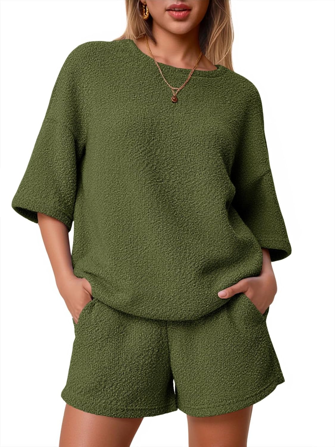 Tankaneo Womens 2 Piece Outfits Lounge Sets 3/4 Sleeve Oversized Tops and Elastic Waist Shorts Pajama Sets Loungewear