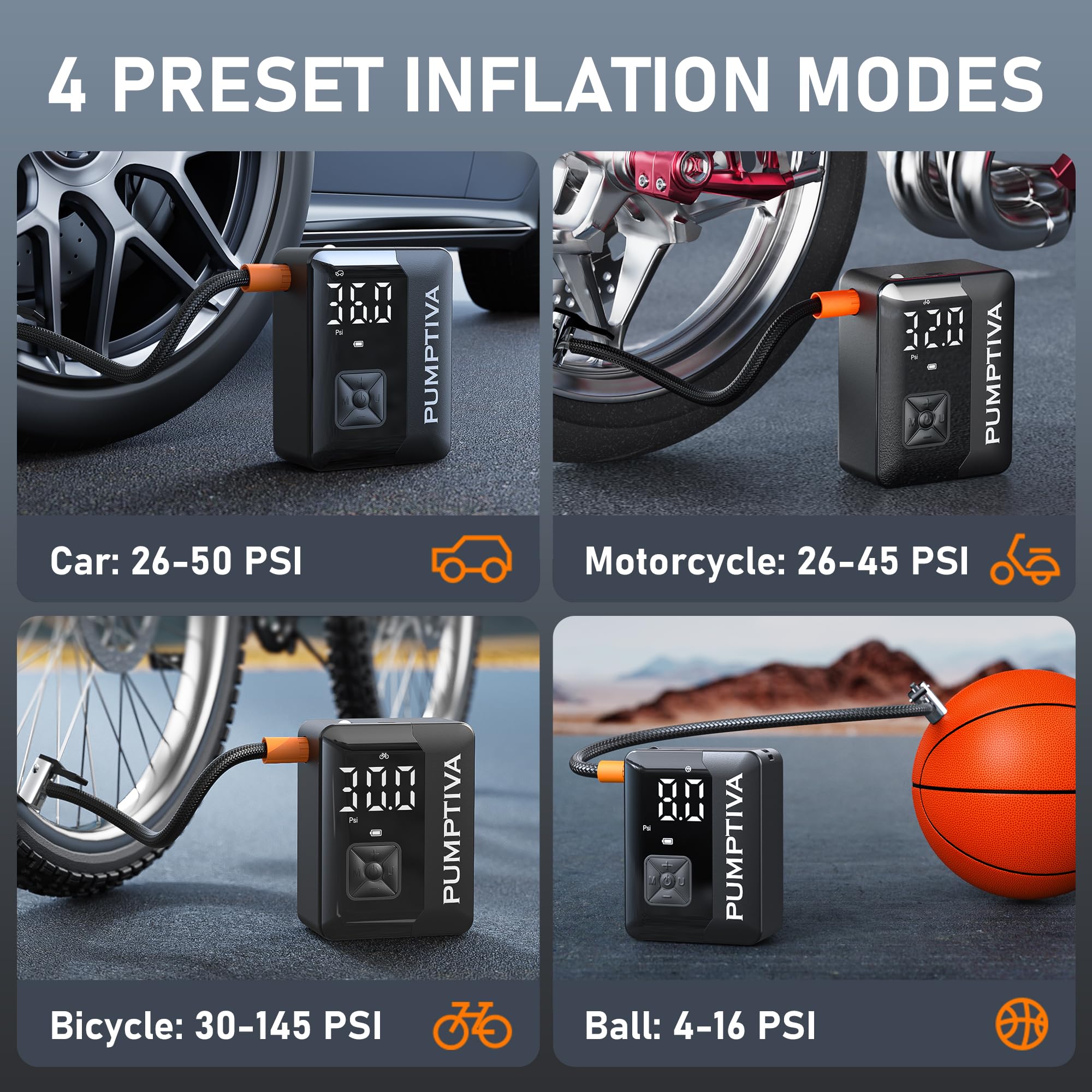 Pumptiva Tire Inflator Portable Air Compressor, 3X Faster Portable Tire Inflator for Car 150PSI Air Pump for Car Tires with LED Light, Auto Shut-Off for Motorcycle, Bicycle, Bike, Ball (Black)