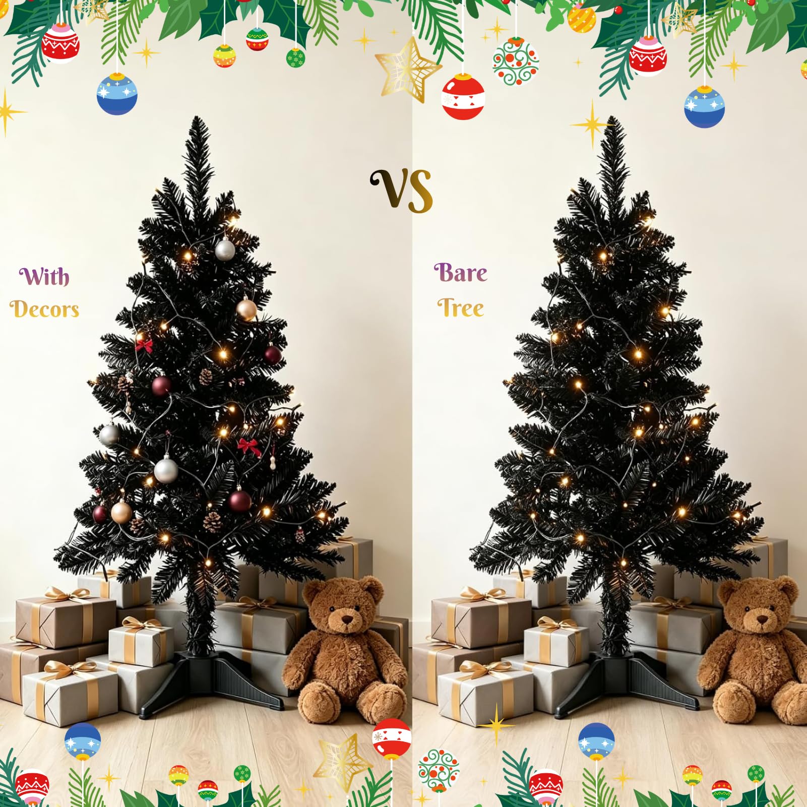 Sapin de Noël noir de 91 cm avec lumières – Petit sapin de Noël artificiel à charnière – Comprend une guirlande lumineuse de 50 LED, 160 branches denses et un support amovible – Sapin de Noël rose