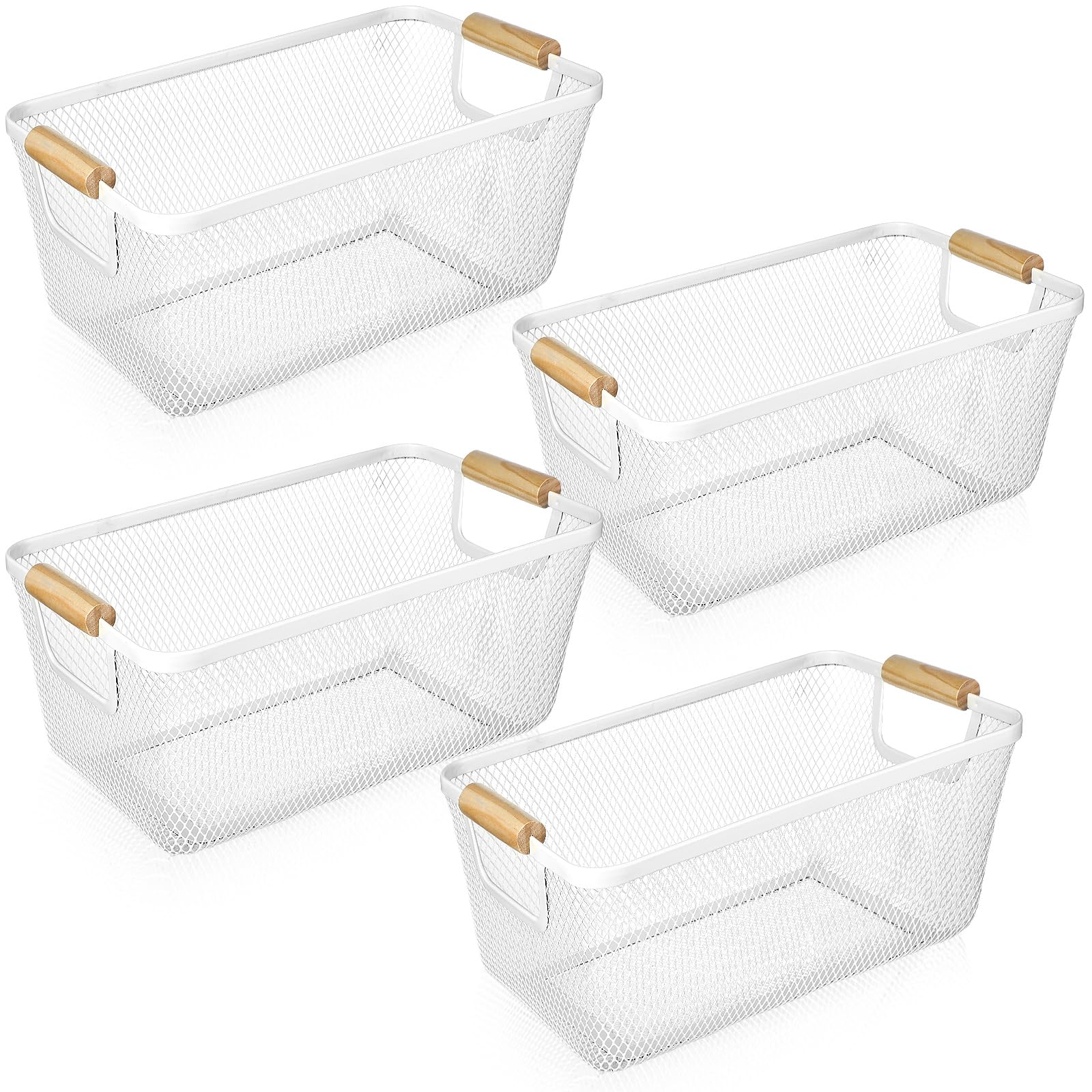 Photo 1 of 4 Pcs Metal Wire Basket with Wooden Handles Mesh Steel Storage Baskets Organizer Bin Basket Containers for Home Cabinet Pantry Closet Kitchen Fridge Fruit Makeup Snack Gift (White,Medium)