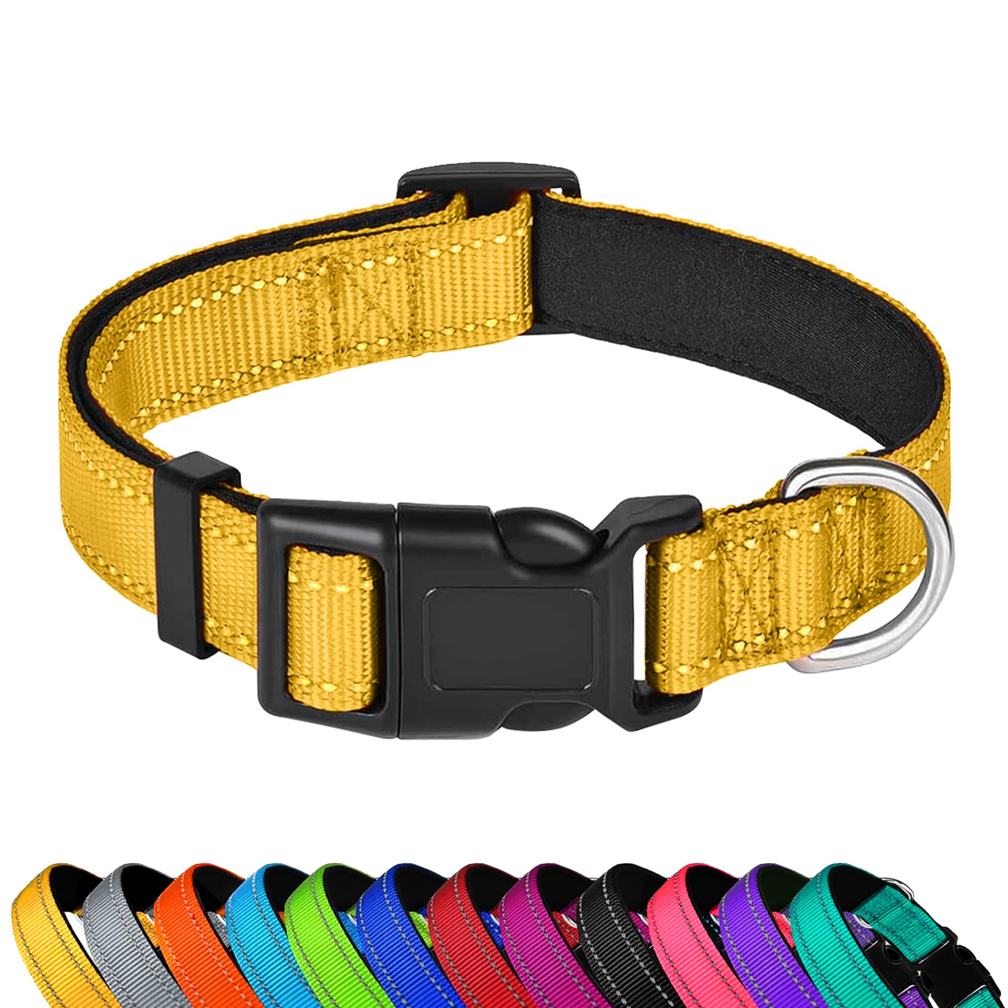 PWOD Reflective Dog Collar, Adjustable Soft Neoprene Padded Nylon Pet Collars with Buckle for Extra Large Dogs, Yellow,XL