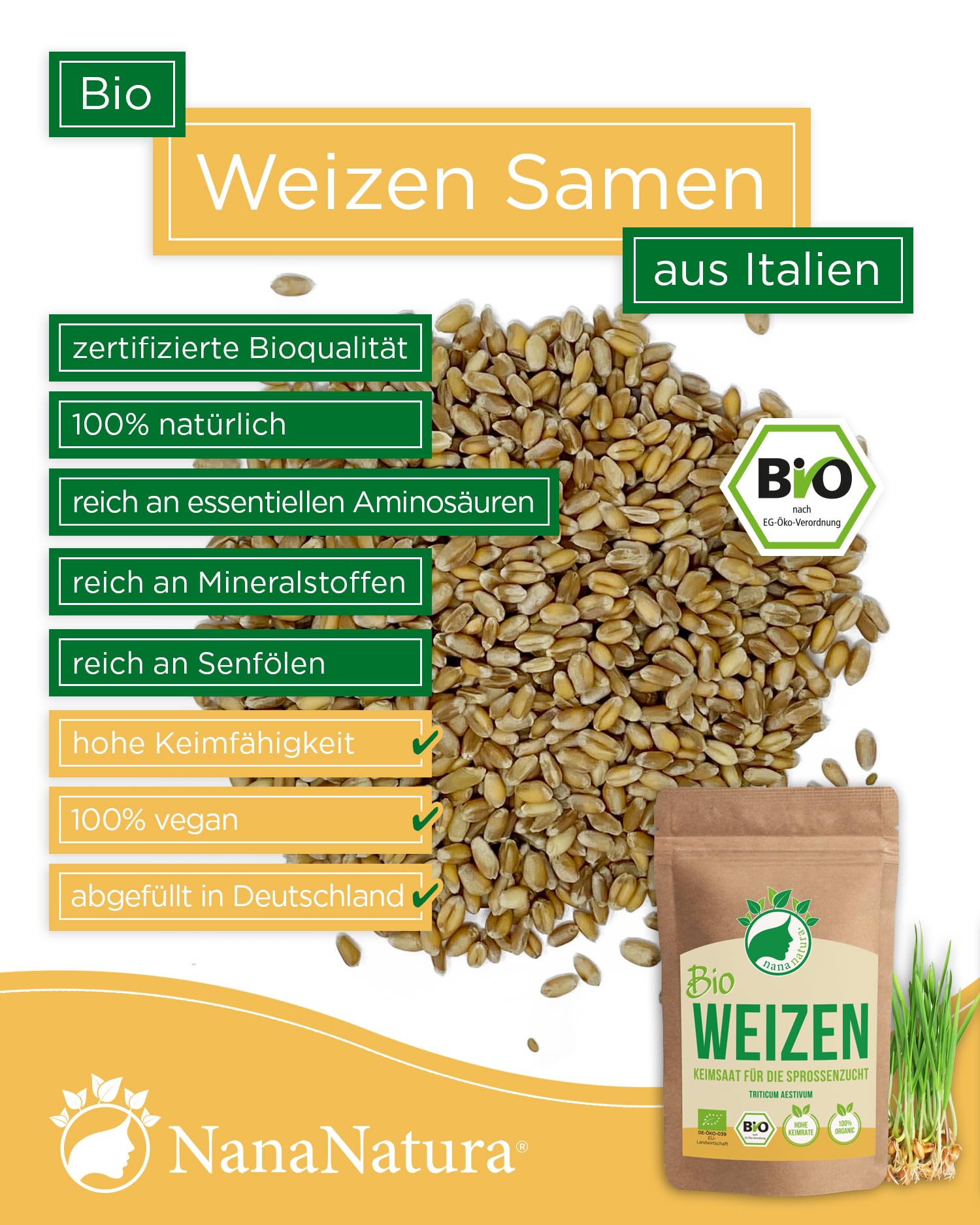 NanaNatura 's Semillas germinales de trigo orgánico 600g | Semillas germinables para cultivo germinal | Microvegetales para el brote