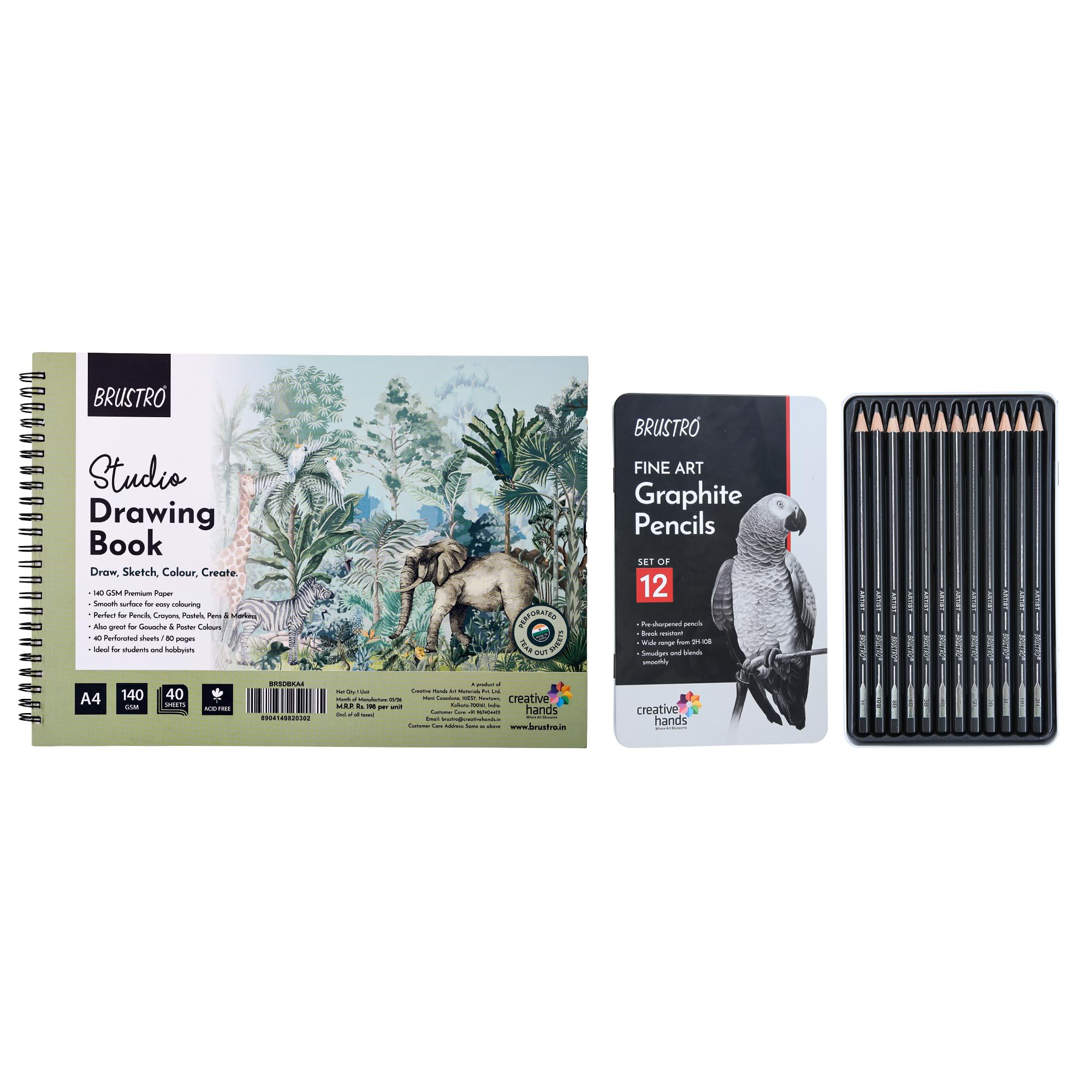 BRUSTRO Artists Fineart Graphite Pencil Set of 12(10B-2H) with Elegant Tin Box With Studio Drawing Book,Blank 80 Pages, Wiro Bound, A4(8.3x11.7 inches), 140 GSM,Perforated Sheets|For Sketching,Writing