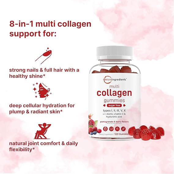 Micro Ingredients Multi Collagen Peptides, 120 Collagen Gummies | Type I,II,III,V,X Protein with Biotin, Hyaluronic Acid, Vitamin C Complex | Pomegranate & Berry Flavored | Sugar Free, Non-GMO