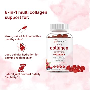 Micro Ingredients Multi Collagen Peptides, 120 Collagen Gummies | Type I,II,III,V,X Protein with Biotin, Hyaluronic Acid, Vitamin C Complex | Pomegranate & Berry Flavored | Sugar Free, Non-GMO