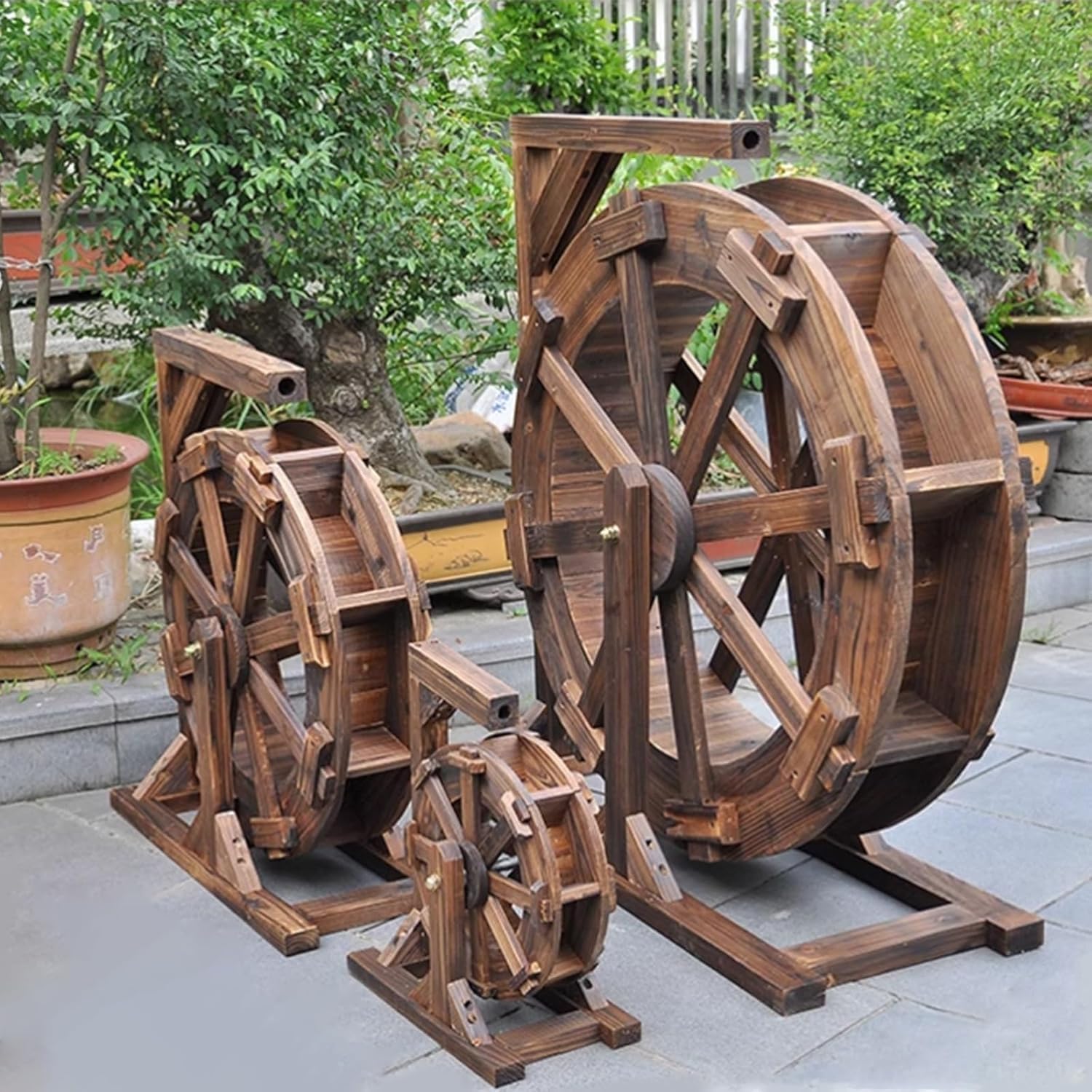 Wooden Water Wheel Fountain with Stand - Vintage Outdoor Garden Decor, Feng Shui Water Feature for Patio, Pond & Pool - Rustic Water Wheel for Tranquil Spaces One Color Ø 19.7in