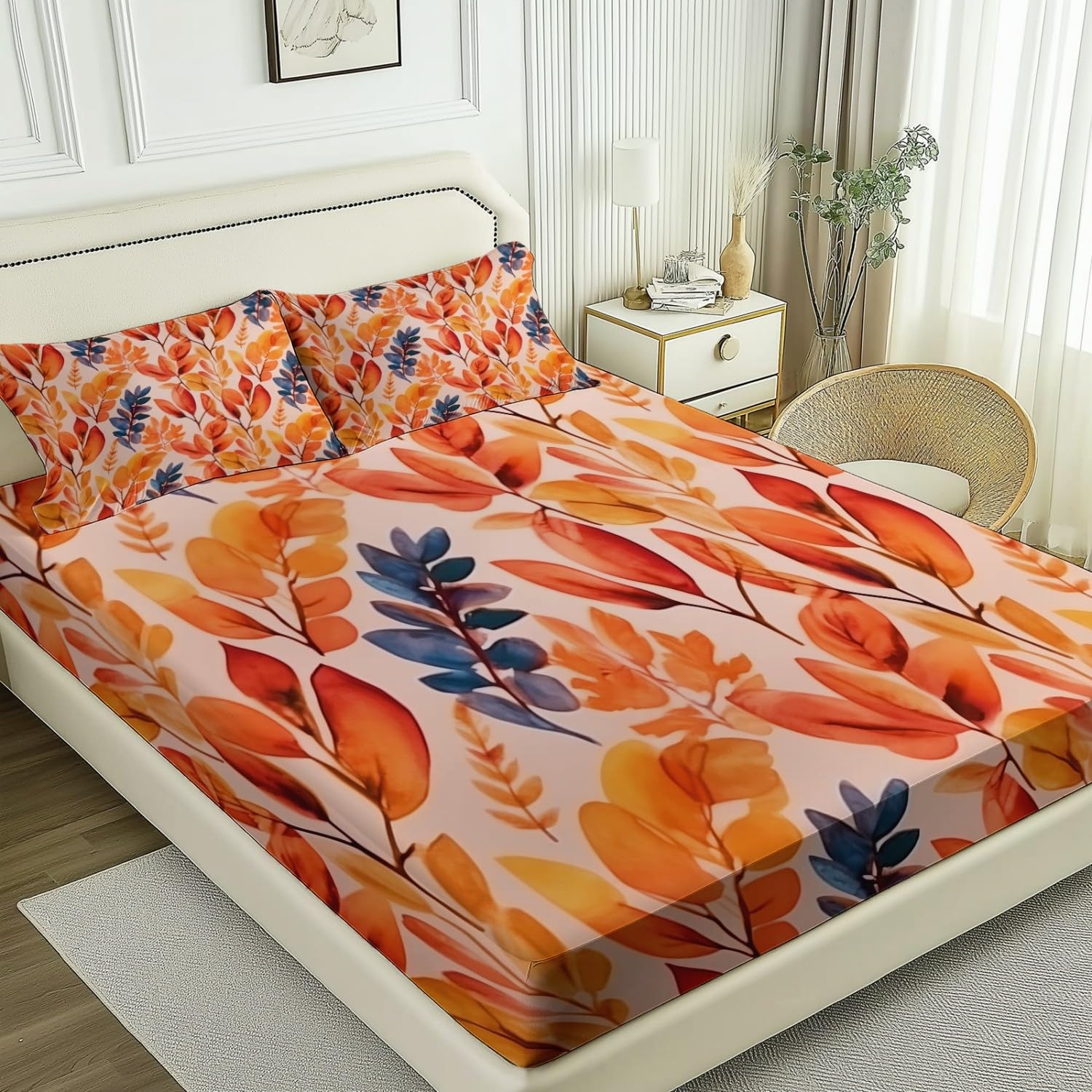 Drap Housse Bohème Aquarelle Feuilles d'automne Imprimer, 140 x 190 cm Résistance à la Déchirure Drap-Housse avec Poche 30 cm de Profondeur, Couleur Orange Ensembles de literie pour Dortoirs Hôtels