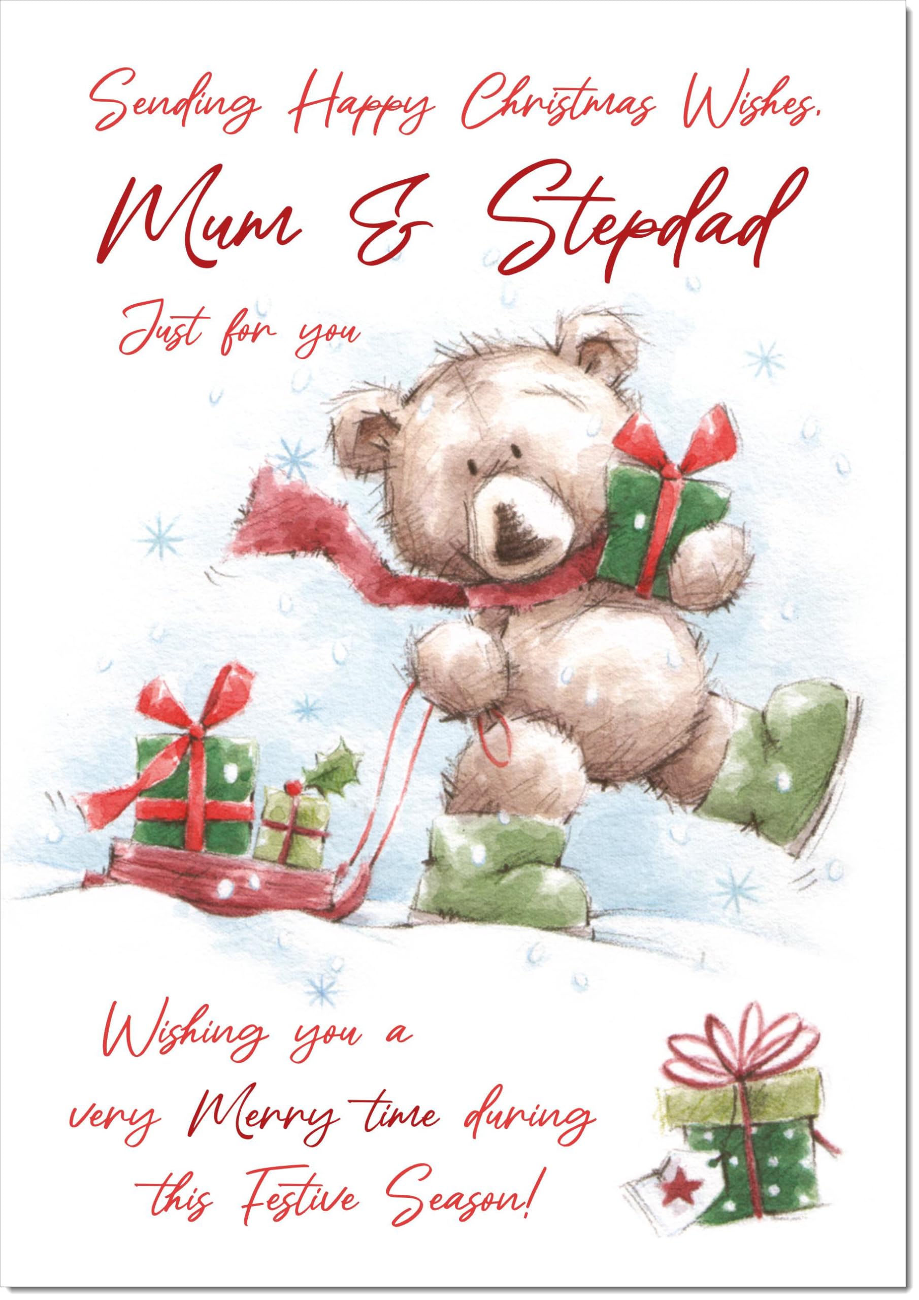 doodlecards Mum and Stepdad Christmas Card Cute Bear with Sled Large A4 Size Christmas Card for Mum & Stepdad with Plain Envelope