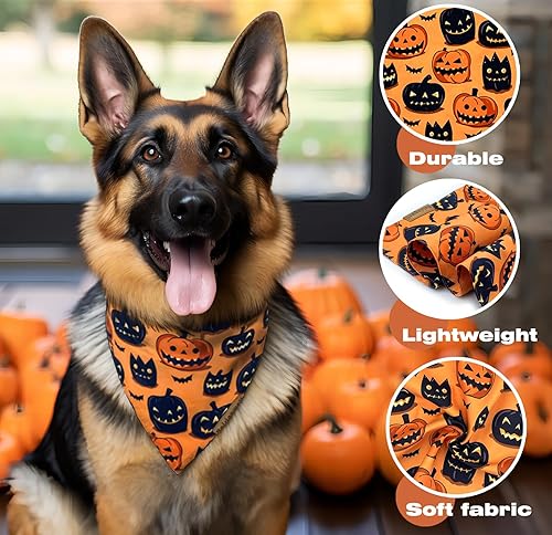 Miniatura 4 de Bandanas de Halloween para perro, paquete de 2 baberos con patrón de murciélago y calabaza, reversibles, lavables, duraderas, para otoño, adecuados
