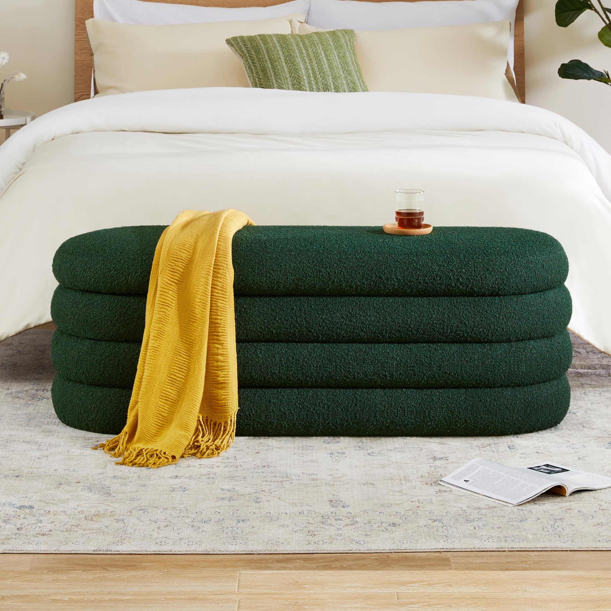 Storage Ottoman Bench 49.2 Inch Upholstered Fabric Storage Bench for Bedroom End of Bed Aesthetic Large Oval Ottoman for Living Room(Dark Green)