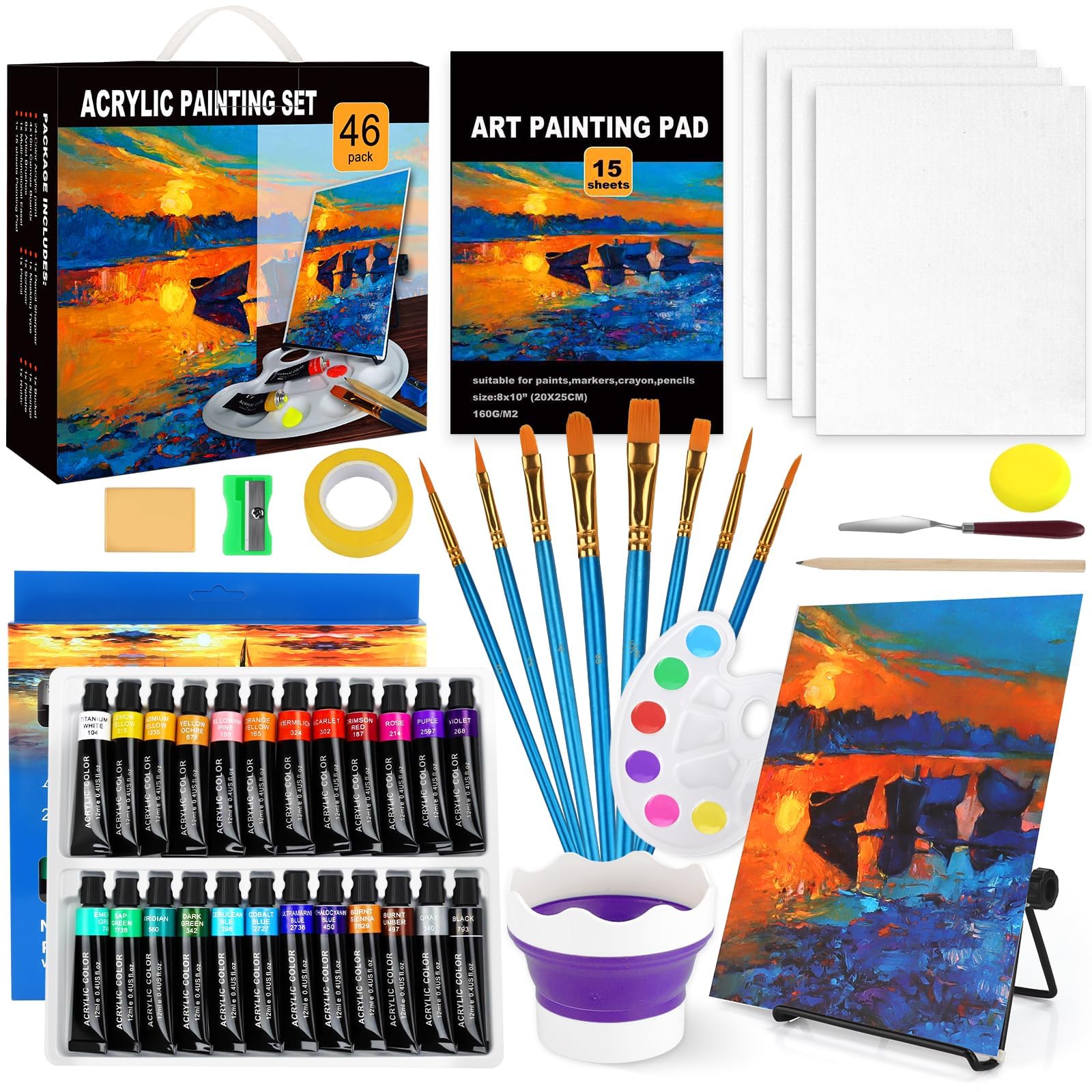 Set di Pittura Acrilica, Set Di Colori Acrilici Per Dipingere,24 Mlcolori Acrilici,Cavalletto Da Tavolo,4 Piatti Di Tela 8 Pennelli,Tazza Di Pulizia,Spugna, Tavolozza Per Artisti Principianti,per Prof