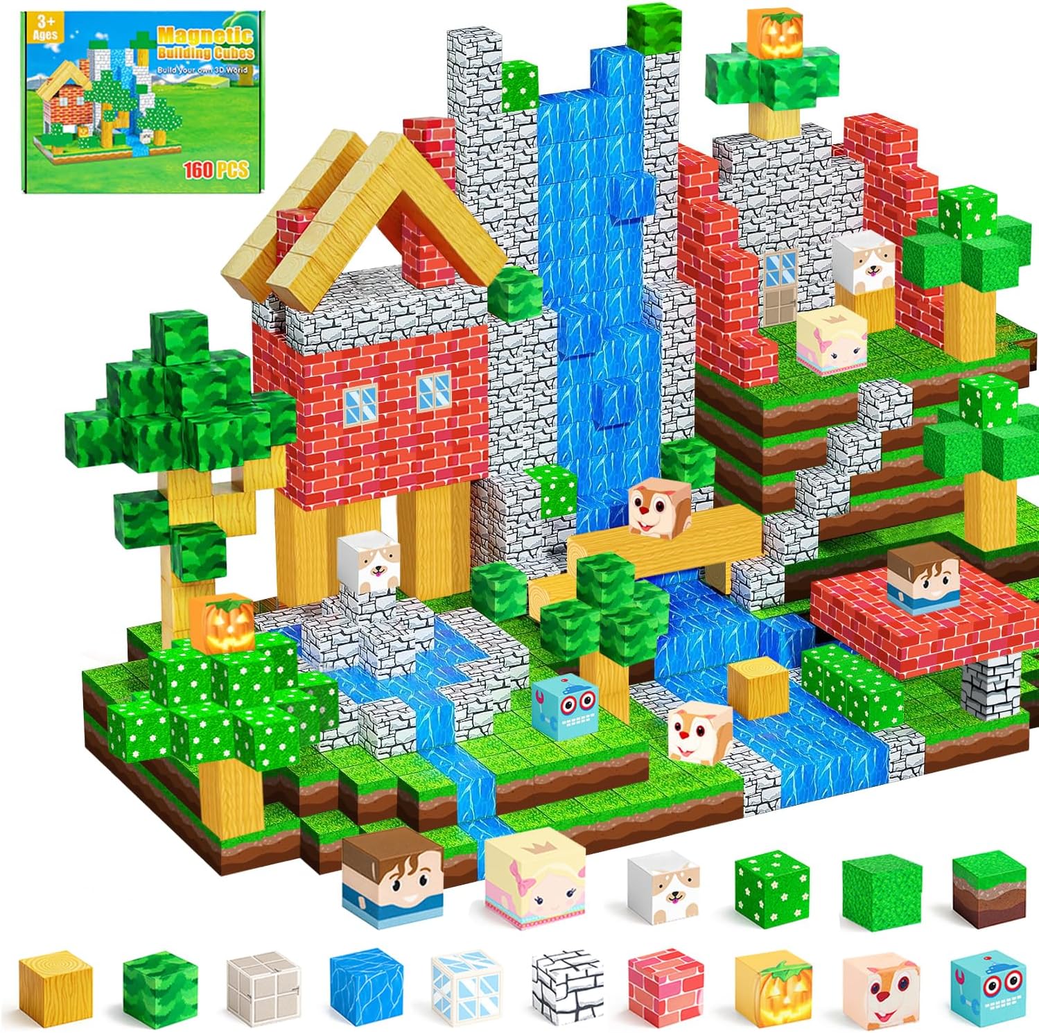 Magnetic Building Blocks 160PCS Magnet Cubes Toys, Build 3D Forest World Set, STEM Montessori Sensory Toys for Kids Boys and Girls Ages 3-5 4-8