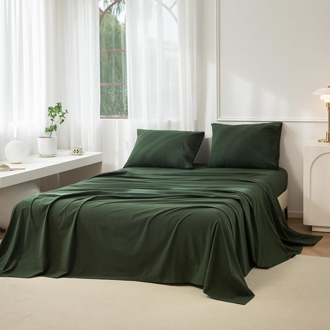 JIYUAN 100% Washed Cotton Sheet Set 4PCS Comfy Simple Style Soft Breathable Textured Durable Linen Feel Bedding for All Seasons Queen Size, Forest Green