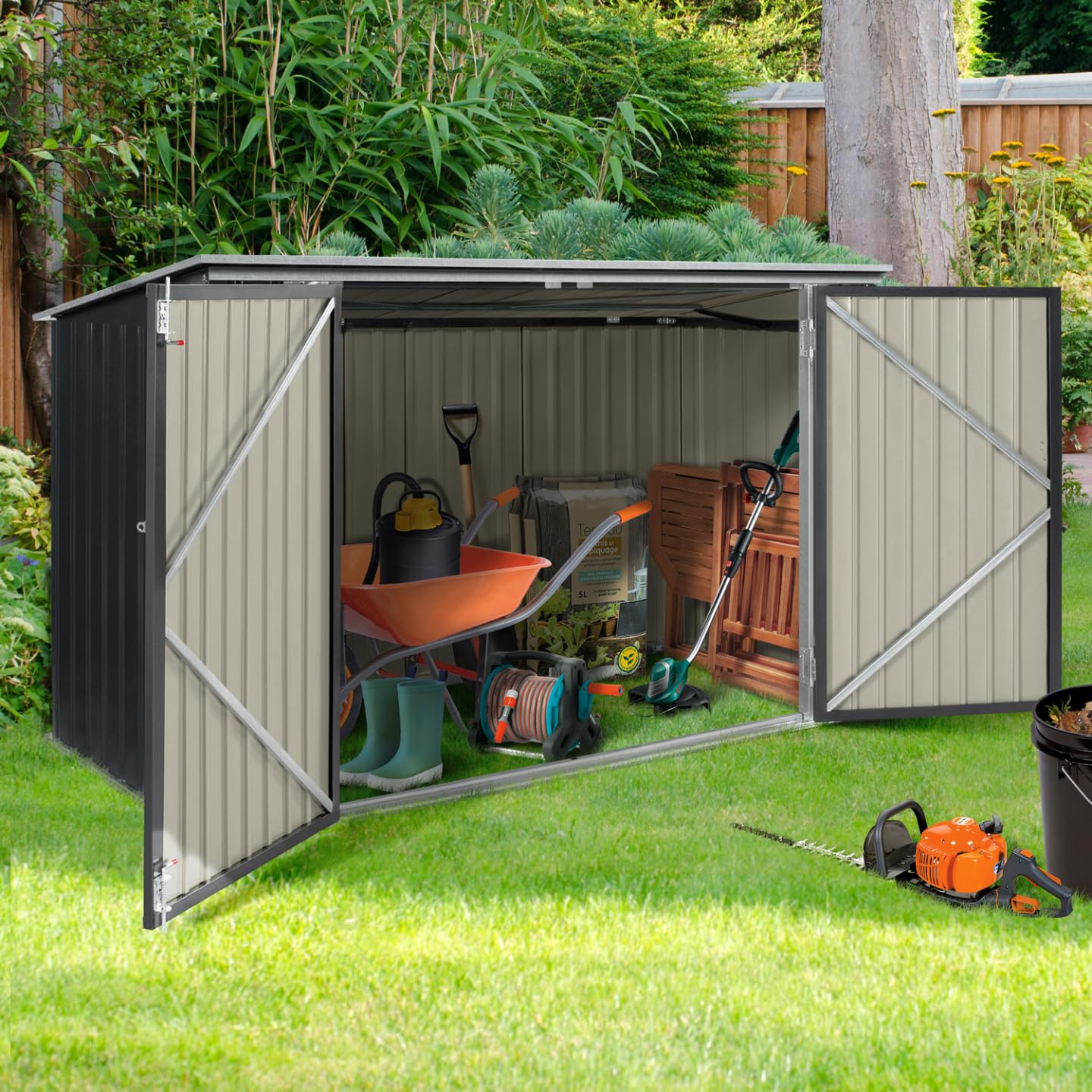 Abri de Jardin en Métal Verrouillable Multi-Rangement pour Vélos, Outils et Poubelles