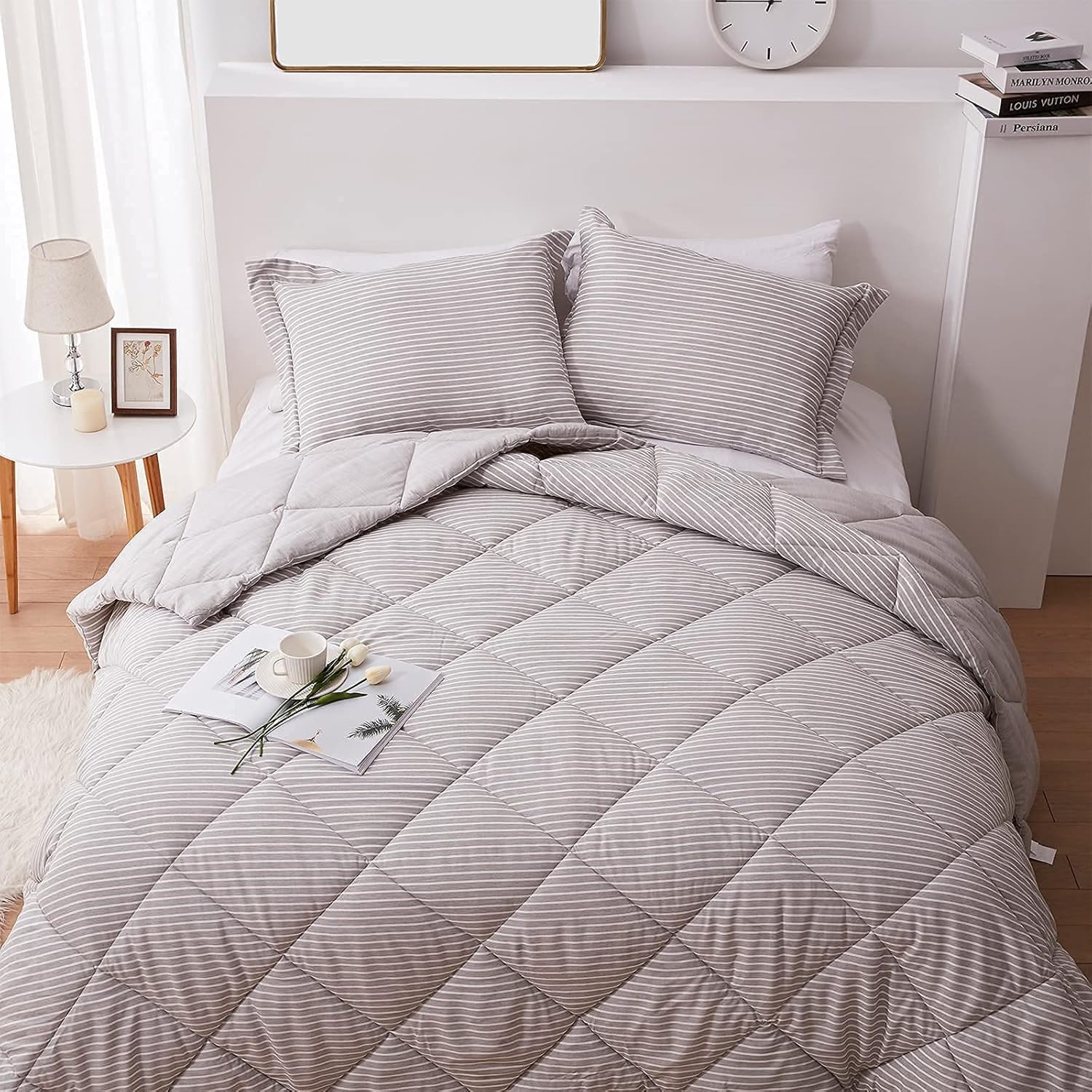 NexHome Queen Comforter Set,Grey Reversible Comforter Set Queen, Grey Comforter Queen Set, Cationic Dyeing Striped Queen Comforter with 2 Pillow Shams for All Season (Queen, 88x88 inches,Grey)