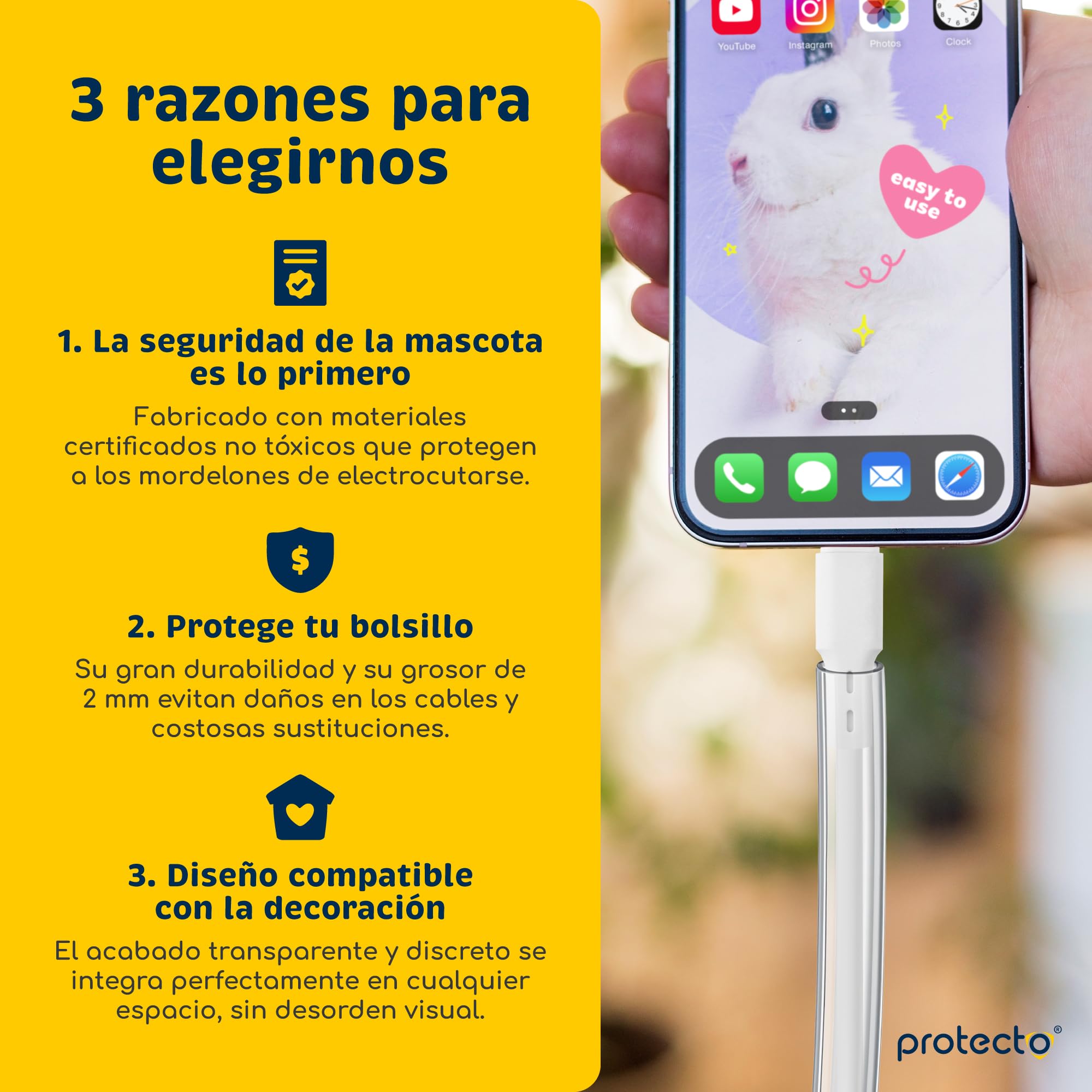 PROTECTO Pack de 2 Fundas Protectora de Cables para Mascotas – 2,15 m/Ø 5 mm – Ultra Resistente, Transparente, Flexible, Inodora, Anti-Mordeduras – para Cables Eléctricos, USB, Lightning, RCA y HDMI
