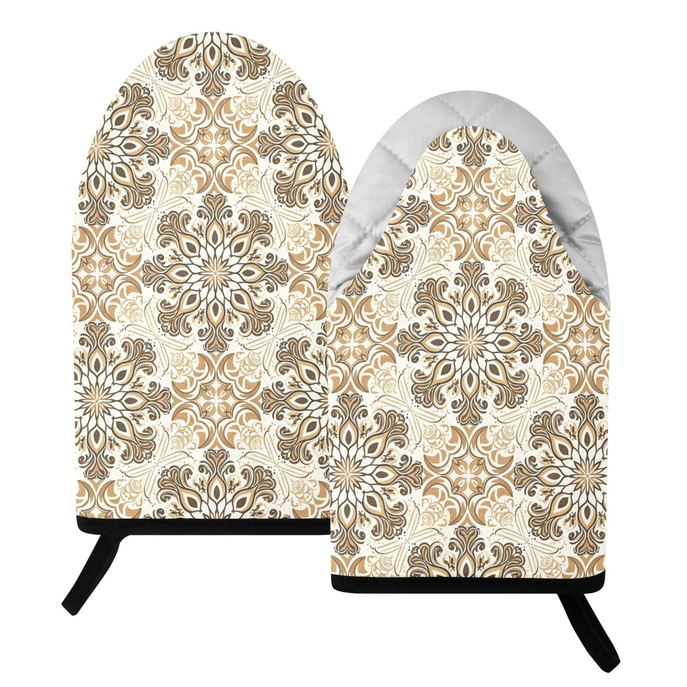 Kutsu Floral Mandala Oven Mitts for Kitchen, Heat Resistant Cotton Oven Gloves for BBQ Baking Cooking, Breathable Kitchen Essentials, 2 pcs
