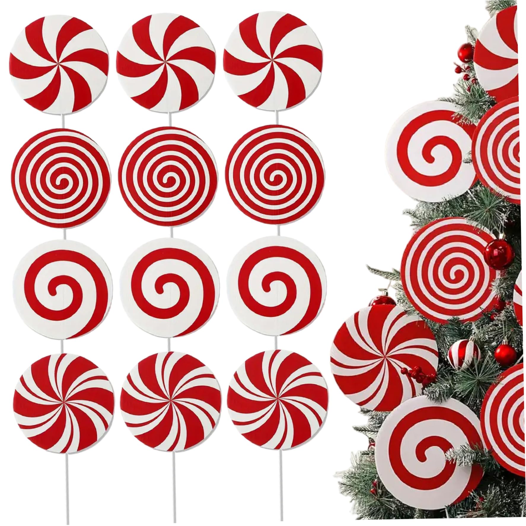 Candy Cane Christmas Decorations, 12Pcs 7.9" Large Candy Cane Ornaments Picks, Peppermint Christmas Decorations for Tree Topper Home Office Party - Picks