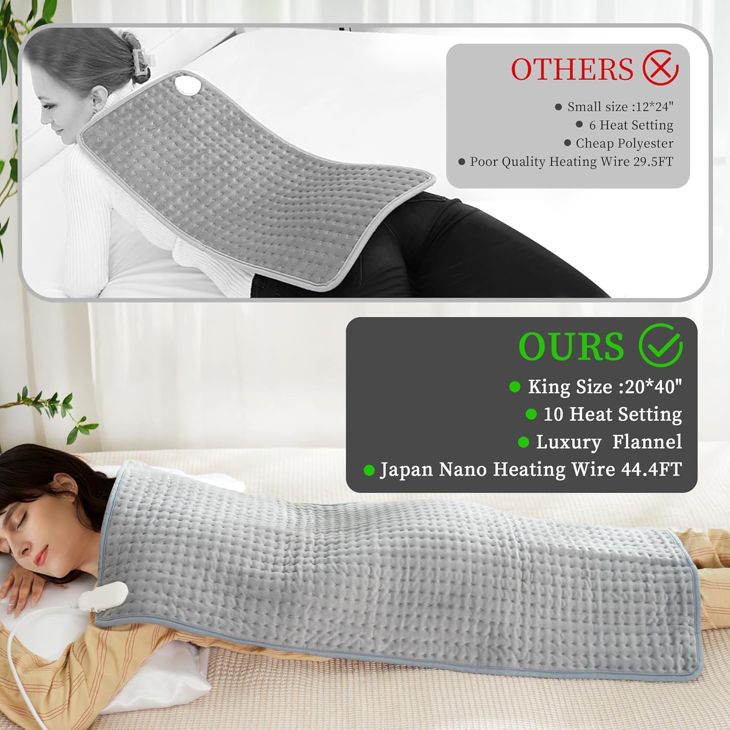 Extra Large Heating pad,XXXL Heating Pad for Back Pain Relief, 20x40 Electric Heating Pad Moist Heat Fast Heating 10 Heat Settings Auto Shut Off Soft Washable Heat Pad for Neck Shoulder Muscle Cramps