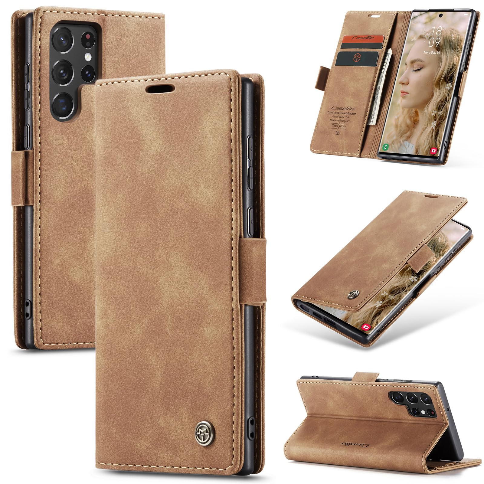 Azororo Cover per Samsung Galaxy S22 Ultra 5G, Premium PU Pelle Custodia, Magnetica Carta Fessura Portafoglio Case, Flip Cavalletto Custodia per Samsung Galaxy S22 Ultra - Marrone