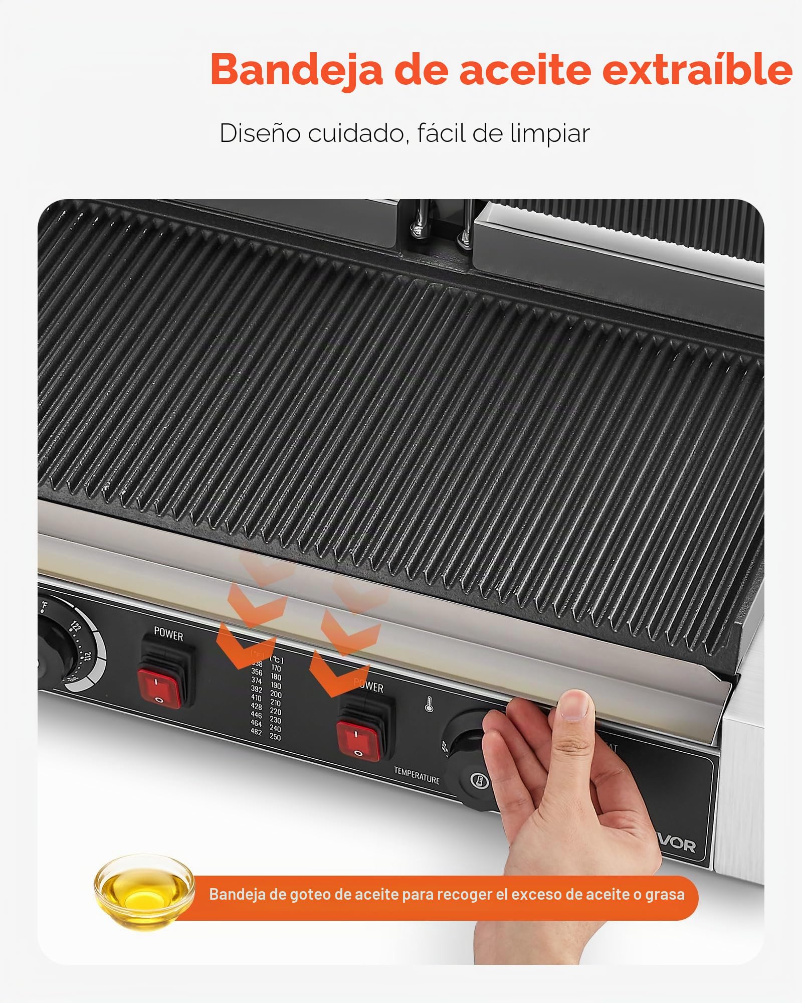 VEVOR Parrilla de Contacto Eléctrica 3600 W para Sándwiches, de Acero Inoxidable, con Control de Temperatura, Doble Placa Esmaltada Acanalada de 48 x 23 cm para Hamburguesas, Filetes y Tocino