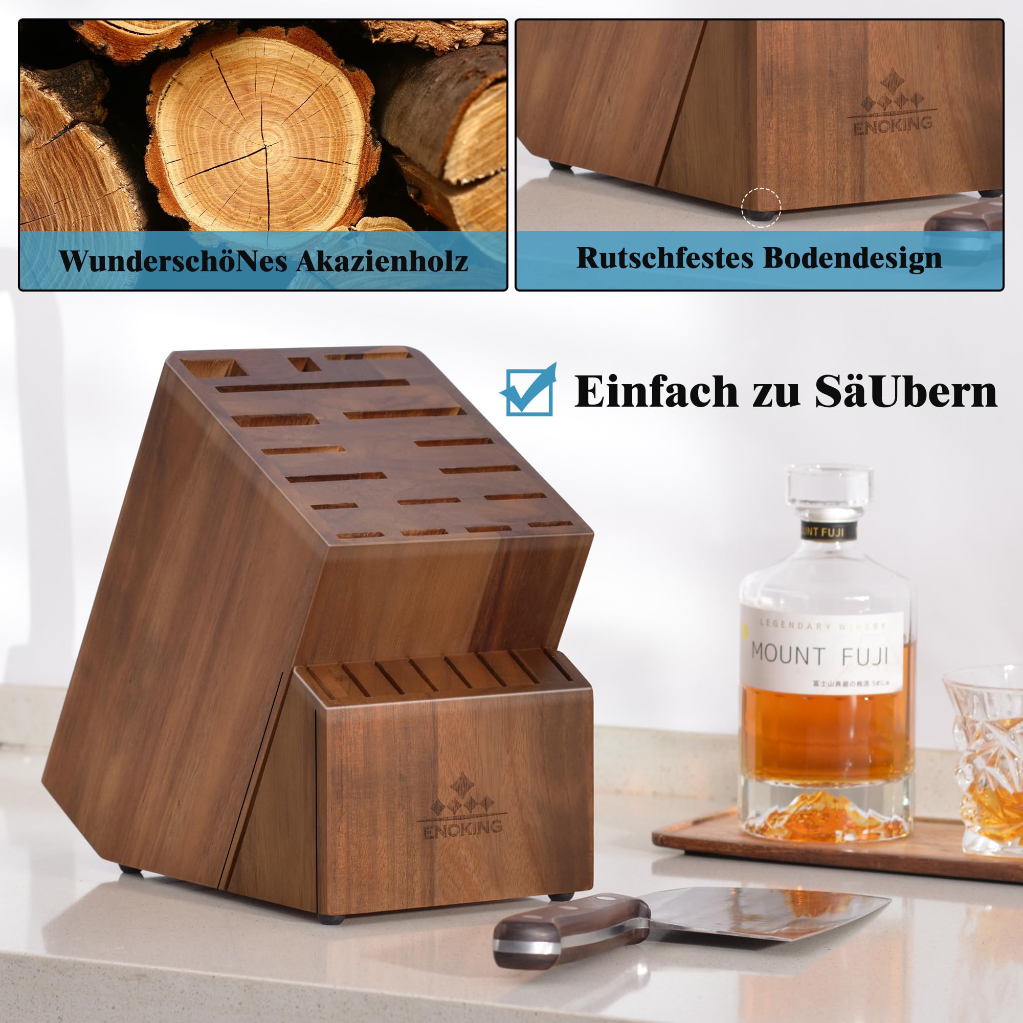 ENOKING Messerblock ohne Messer, 25 Schlitze Messerblöcke aus Akazienholz für die Küchenmessern, Hochwertiges Messerblock für Messer und Geflügelschere/Wetzstahl