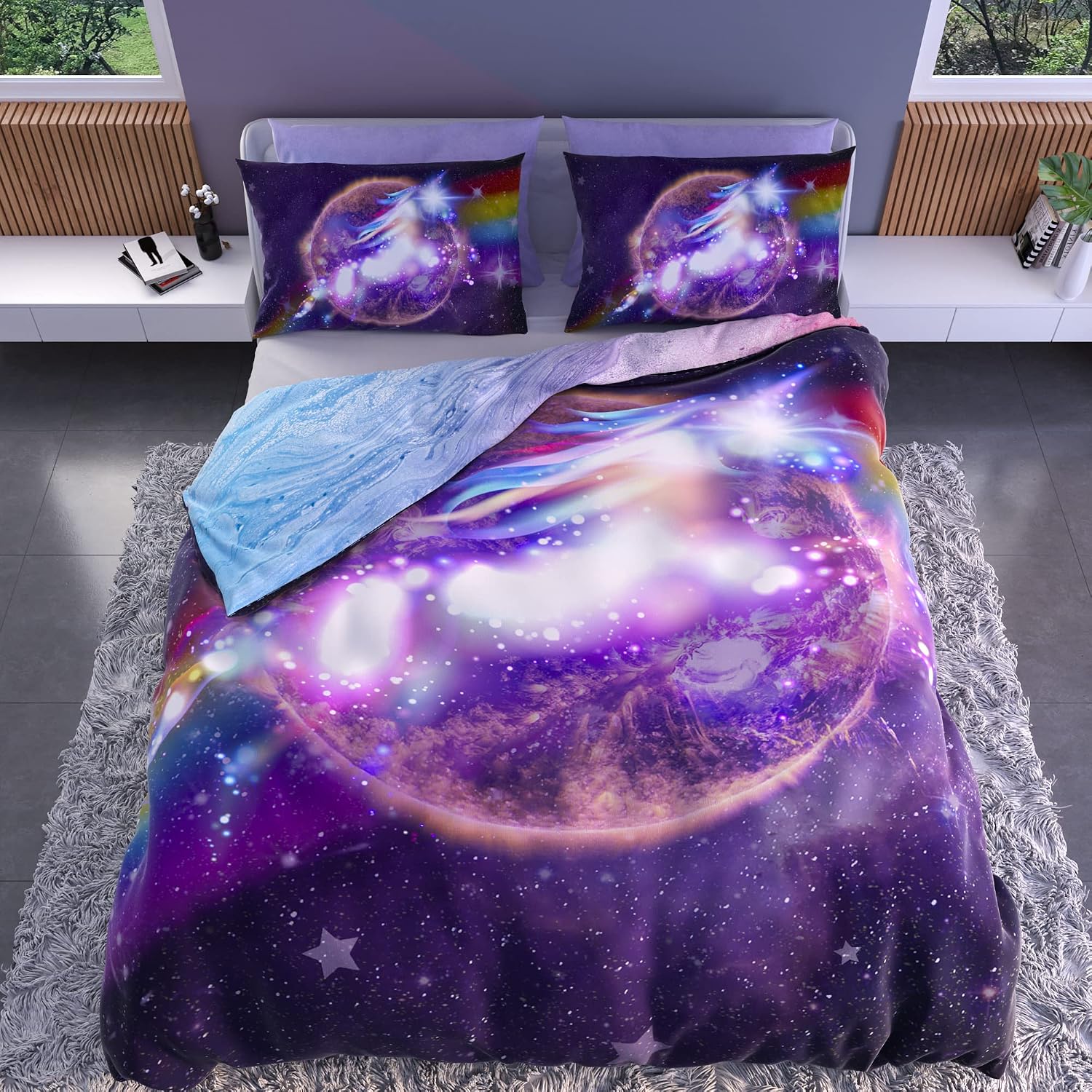 Home Imaginations Galaxy Unicorn Duvet Cover Set | Rainbow Marble Tie Dye Pastel Reversible Comforter Cover Bedding | Teens Kids Boys Girls Psychedelic Space | 3 Piece Bed Sheet Sets (Full)