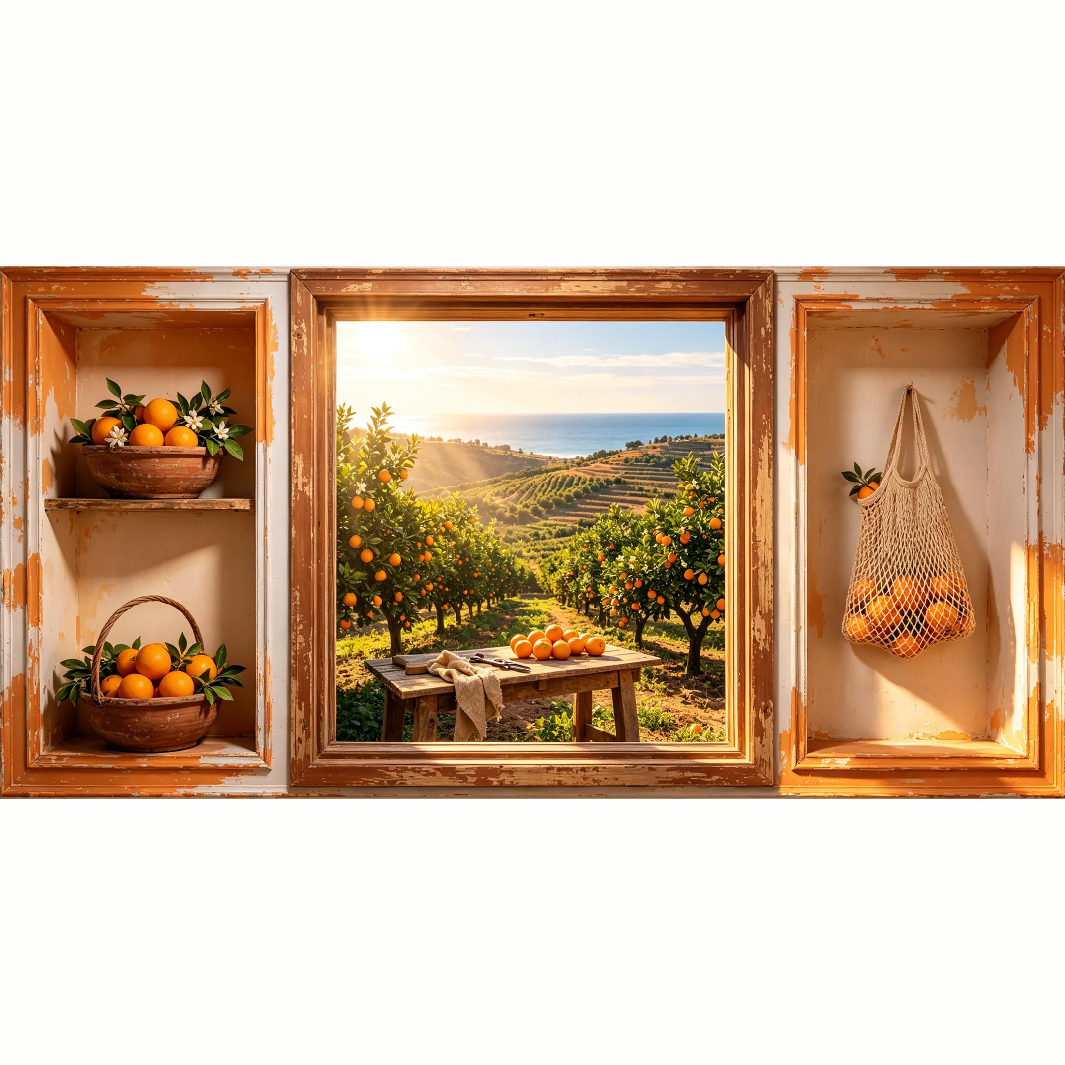 QZLITHOTIC 50x100cm 3D Framed Wall Art， Mediterranean Citrus Orchard Coastal Landscape SelfAdhesive Mural， Water‑Activated Peel & Stick Fabric Decor Wall Decal for Bedroom Living Room