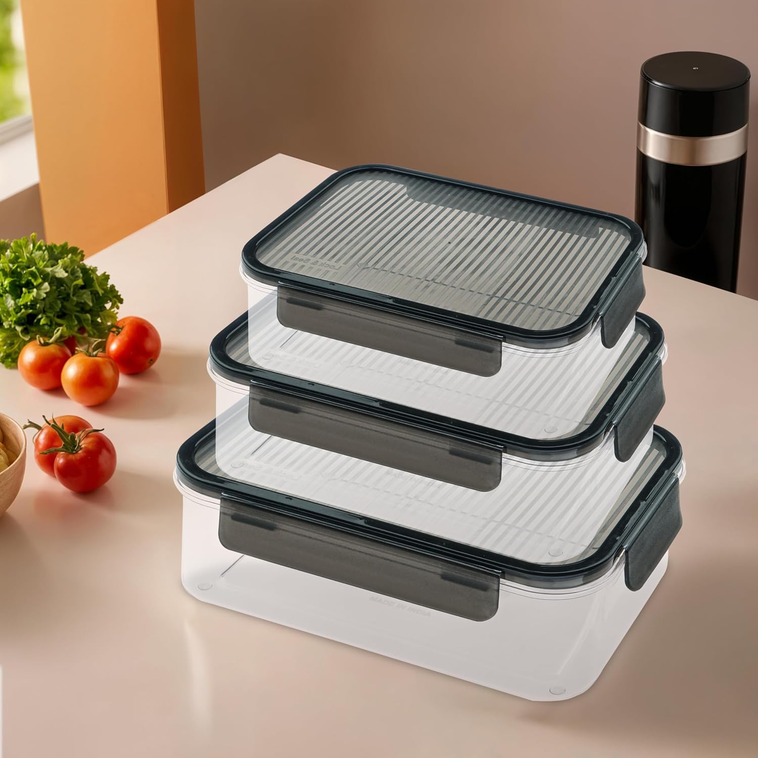 Airtight Kitchen Container Set of 3-400ml, 900ml, 1600ml | Transparent Fridge Box with Leak Proof Lid & Lock | Food Storage Container Snack Box Cookies Dry Fruits | Black