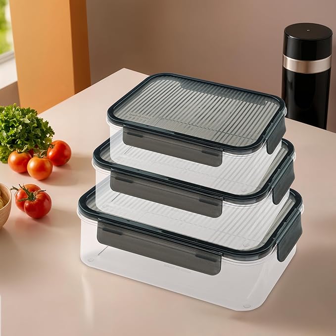 Kuber Industries Plastic Airtight Kitchen Container Set of 3-400ml, 900ml, 1600ml | Transparent Fridge Box with Leak Proof Lid & Lock | Food Storage Container Snack Box Cookies Dry Fruits | Black