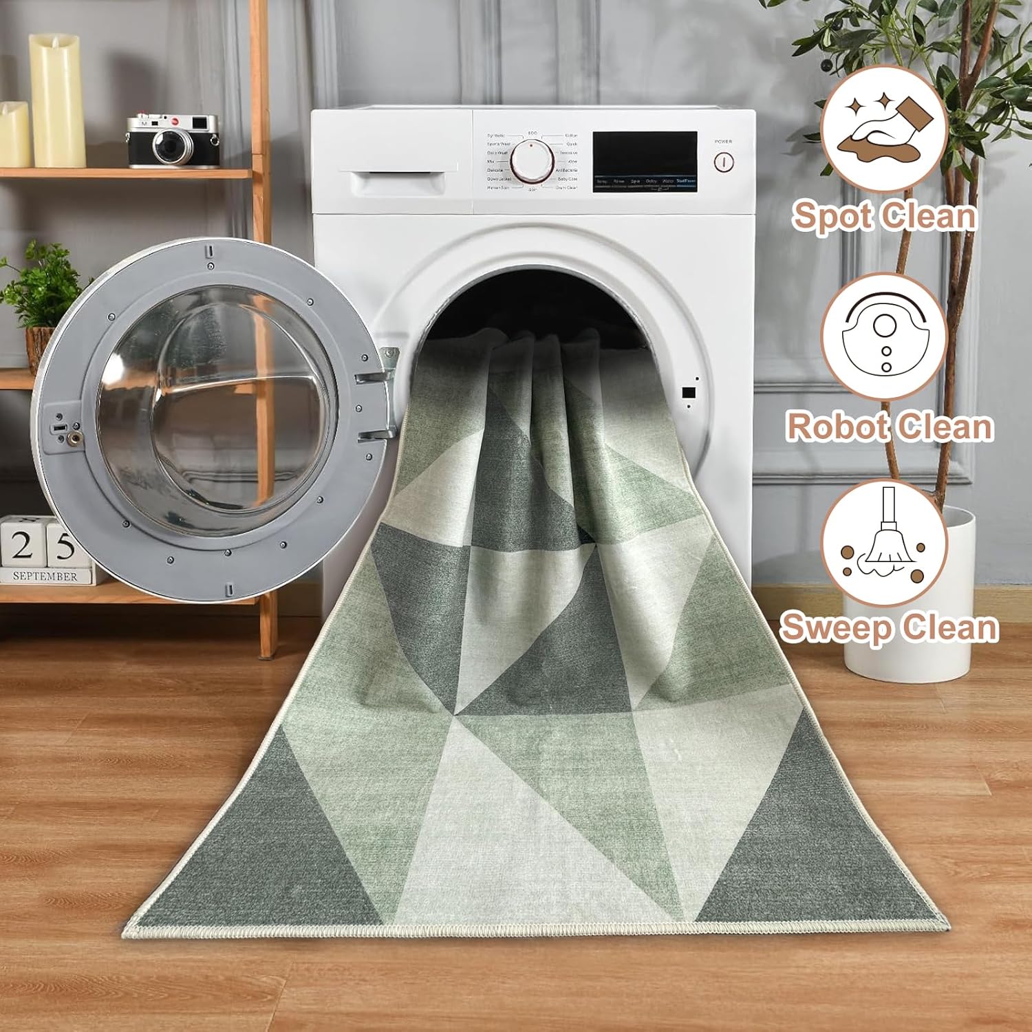 Washable Geometric Green Area Rugs 3x5 Modern Neutral Abstract Non Slip Low Pile Indoor Floor Small Carpet for Living Room Bedroom Dinning Room Kitchen
