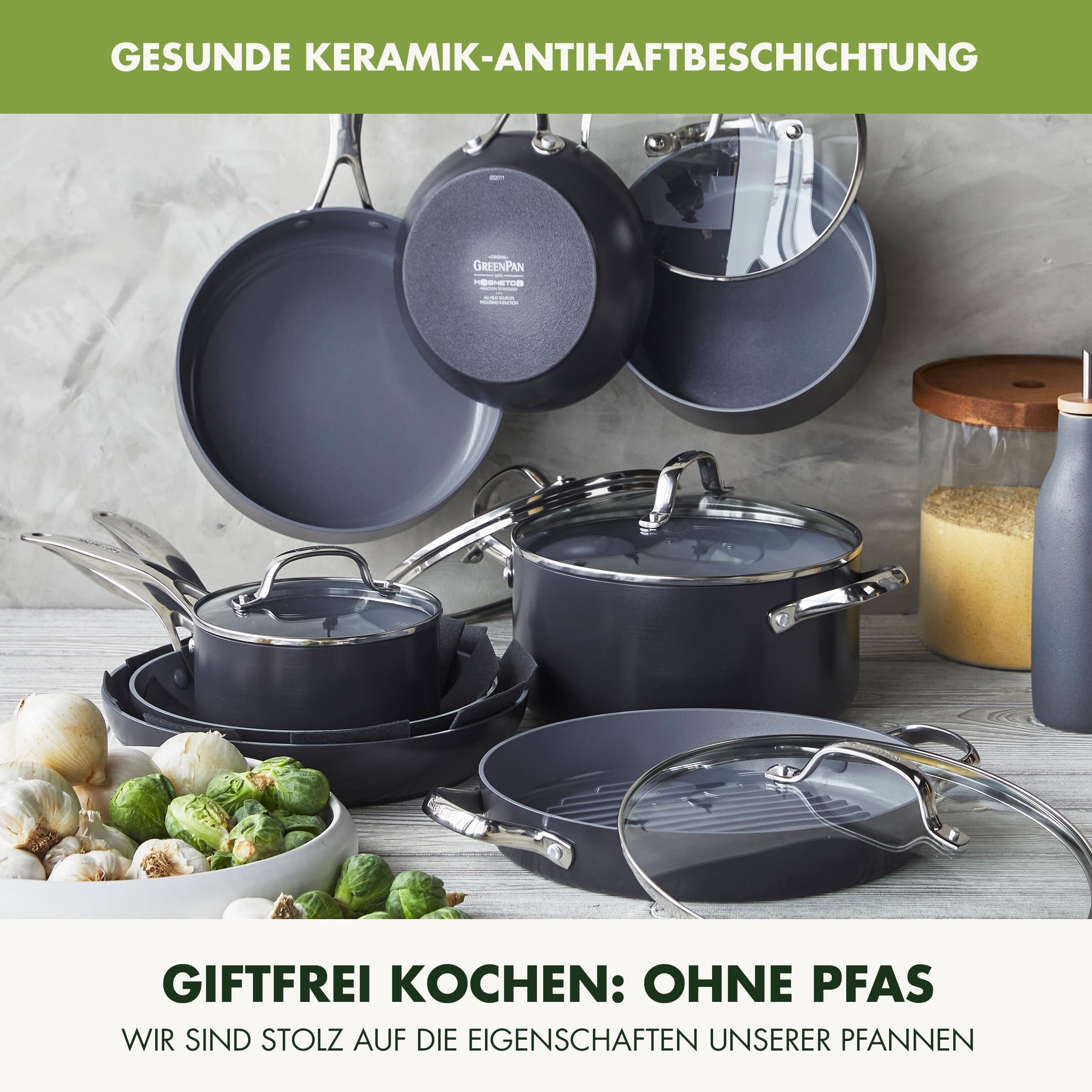 GreenPan Valencia Pro Harteloxierte Gesunde Keramik Antihaft 18 cm / 2 Liter Stielkasserolle mit Deckel, PFAS-frei, Induktion, spülmaschinenfest, Backofenfest, Grau