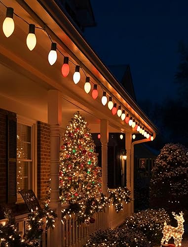 Miniatura 5 de C9 - Tira de luces de Navidad vintage de 25 pies, luces de árbol de Navidad con 26 bombillas LED rojas y blancas, tira de luces para exteriores con