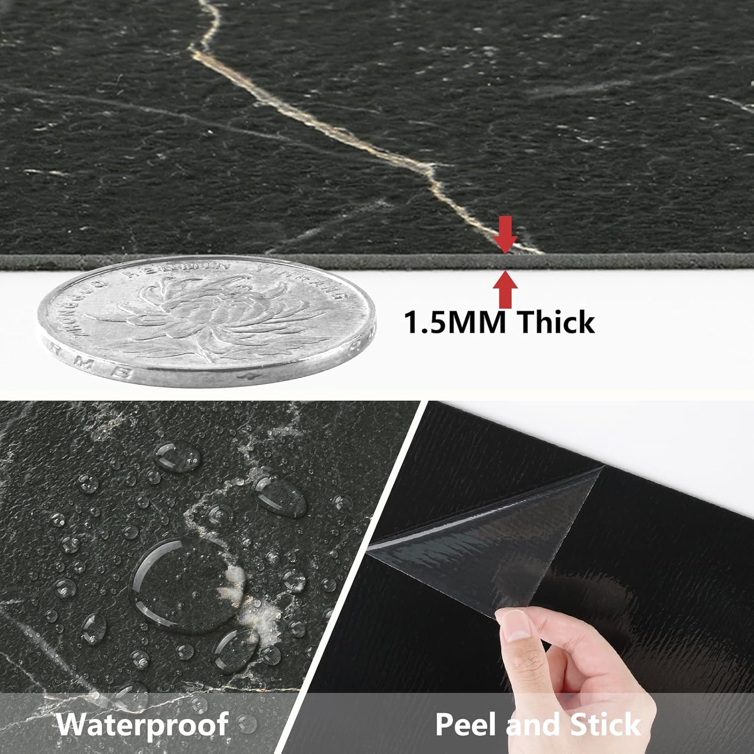 20 Pack Black Marble Peel and Stick Floor Tile Self Adhesive Vinyl Flooring Tile Sticker Waterproof Stick on Floor Tiles Marble Tiles 12x12 inch Garage Floor Kitchen Laundry Room Bathroom