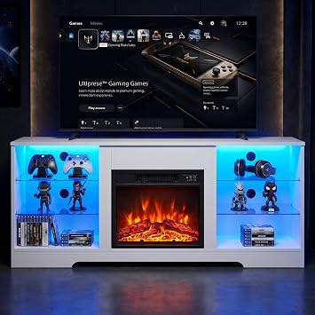 Fireplace TV Stand with 18" Fireplace, Electric Fireplace 3D Fireplace TV Console for TVs up to 65", LED Lights Wood and Glass Entertainment Center & USB Charging Outlet White