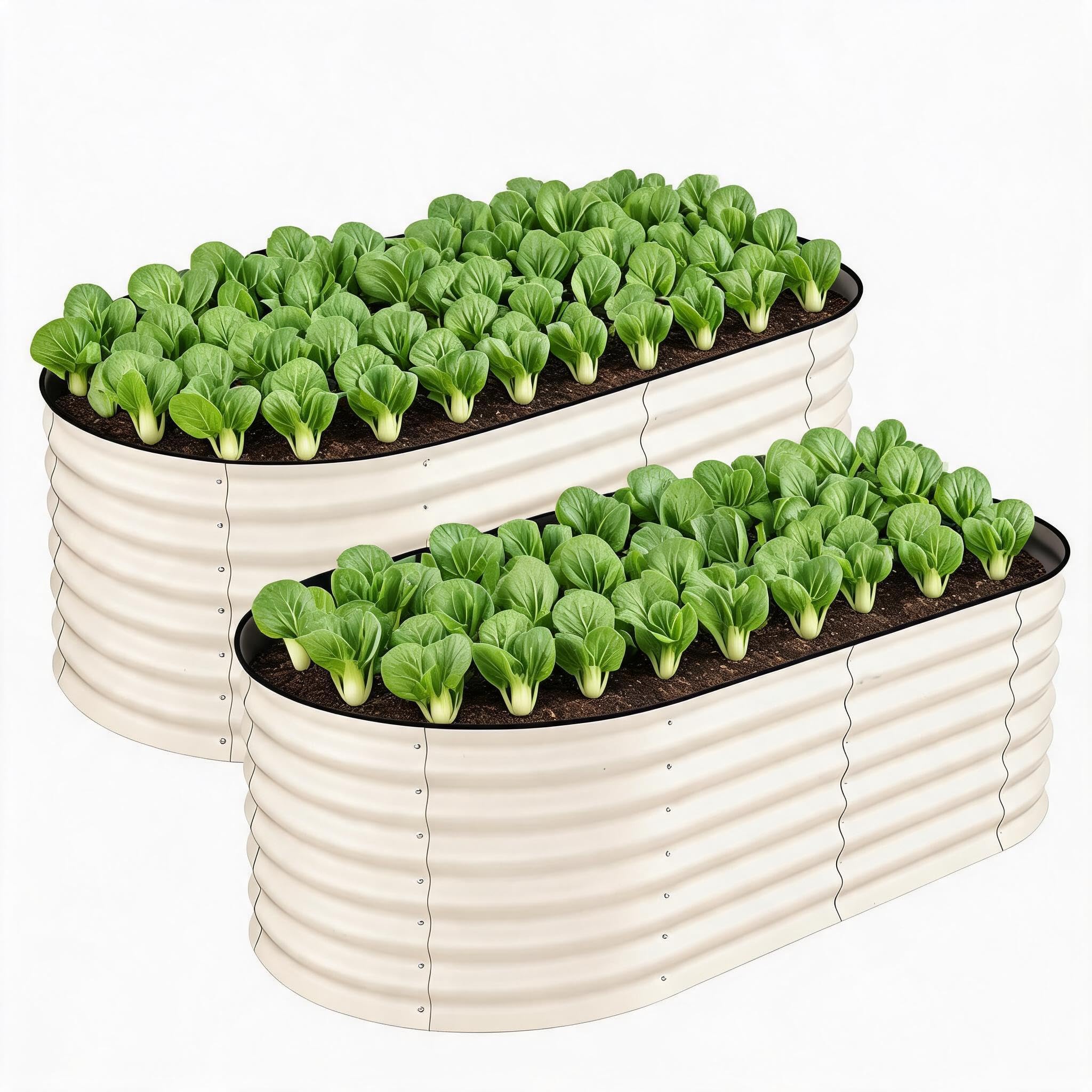 Aptliton 2-Pack Oval Raised Garden Bed, 180×90×60cm Galvanised Steel Planter Box with Anti-Cut Strips, Large Bottomless Metal Raised Bed for Vegetables Flowers Herbs, Beige