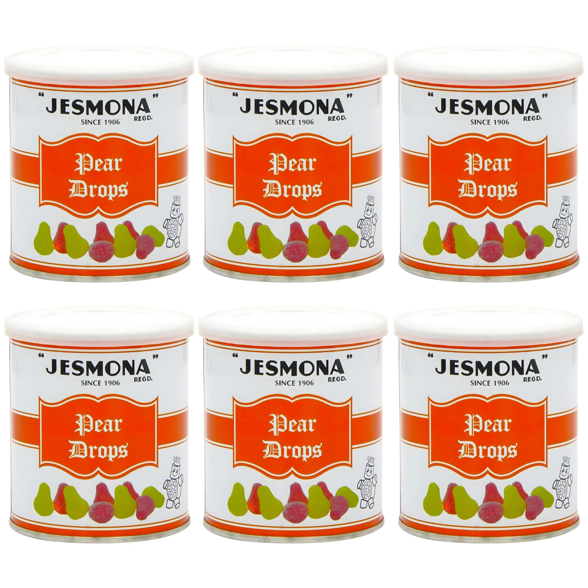 Jesmona Pear Drops - British Hard Candy 250g / 8.8 Oz (Pack of 6) Gift Tin | Mini Pear Flavored Boiled Sweet | Traditional Old Fashioned Retro English Sweets | Imported Confectionery from England, UK
