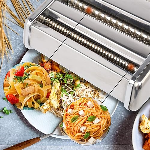 Miniatura 9 de Ochine Máquina para hacer pasta, rodillo de acero inoxidable, manual de manivela, máquina de pasta, 6 ajustes de grosor ajustables, cortador de