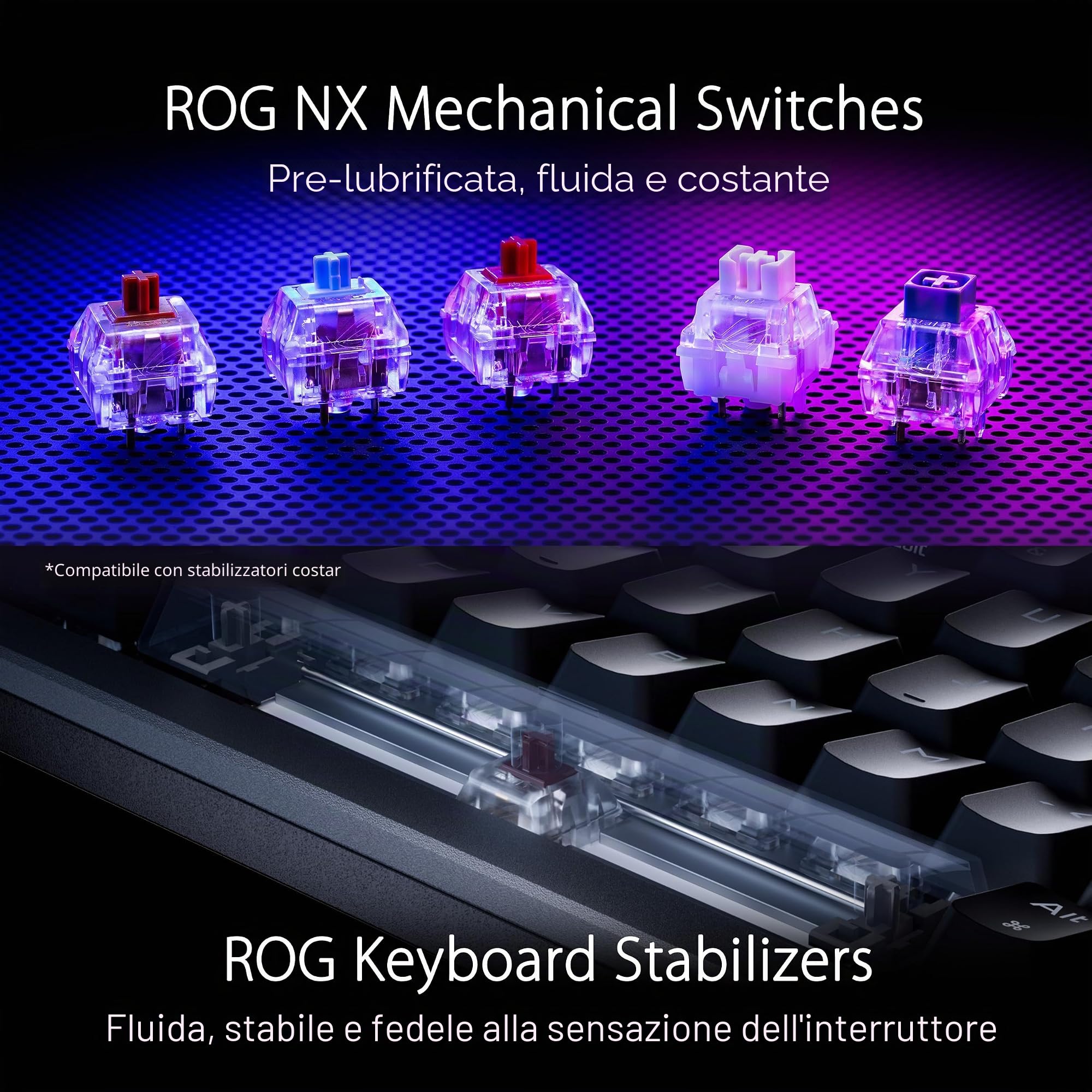 ASUS ROG Azoth White - Tastiera meccanica Gaming con connessione tri-modalità, display OLED, montaggio a giunto, switch e stabilizzatori di tastiera ROG NXRed prelubrificati, Hot-Swap, AZERTY Francese