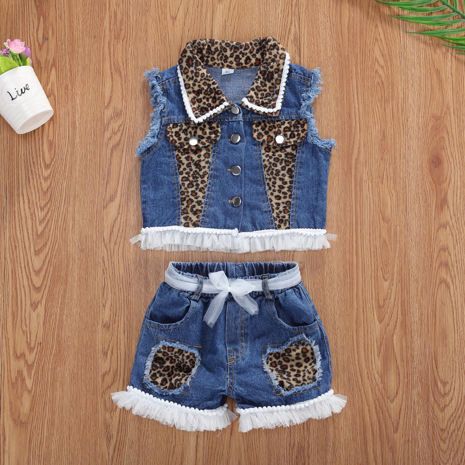 BULINGNA Little Kids Toddler Girl Denim Outfit Leopard Patchwork Button Up Sleeveless Jacket+Shorts with Pockets 2Pcs Clothes (Denim blue, 5-6 Years)