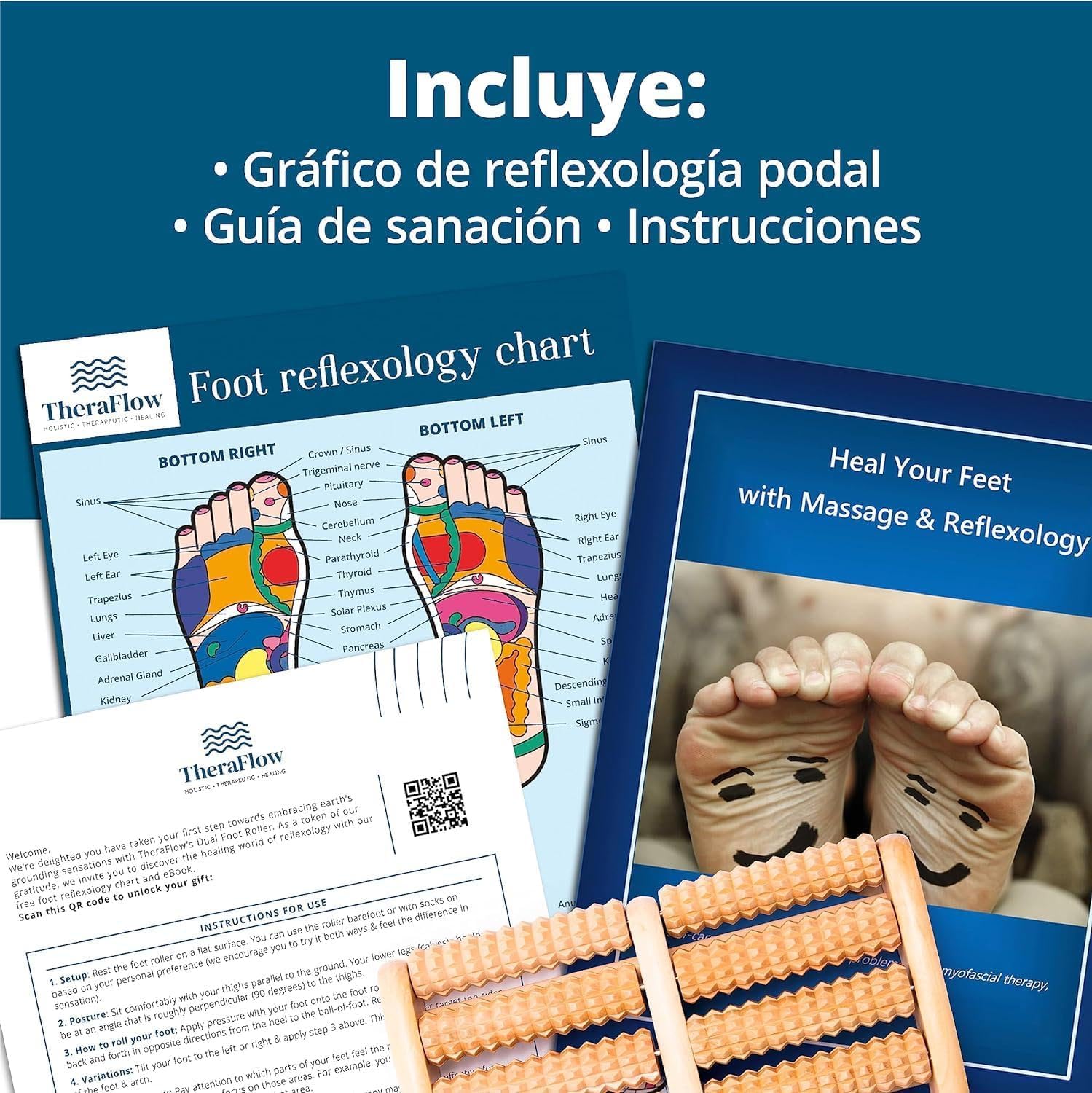 TheraFlow Masajeador de pies doble talla L – Acupresión Shiatsu Original – Alivio Fasciitis plantar – Esquema reflexología plantar/manual de instrucciones – Madera
