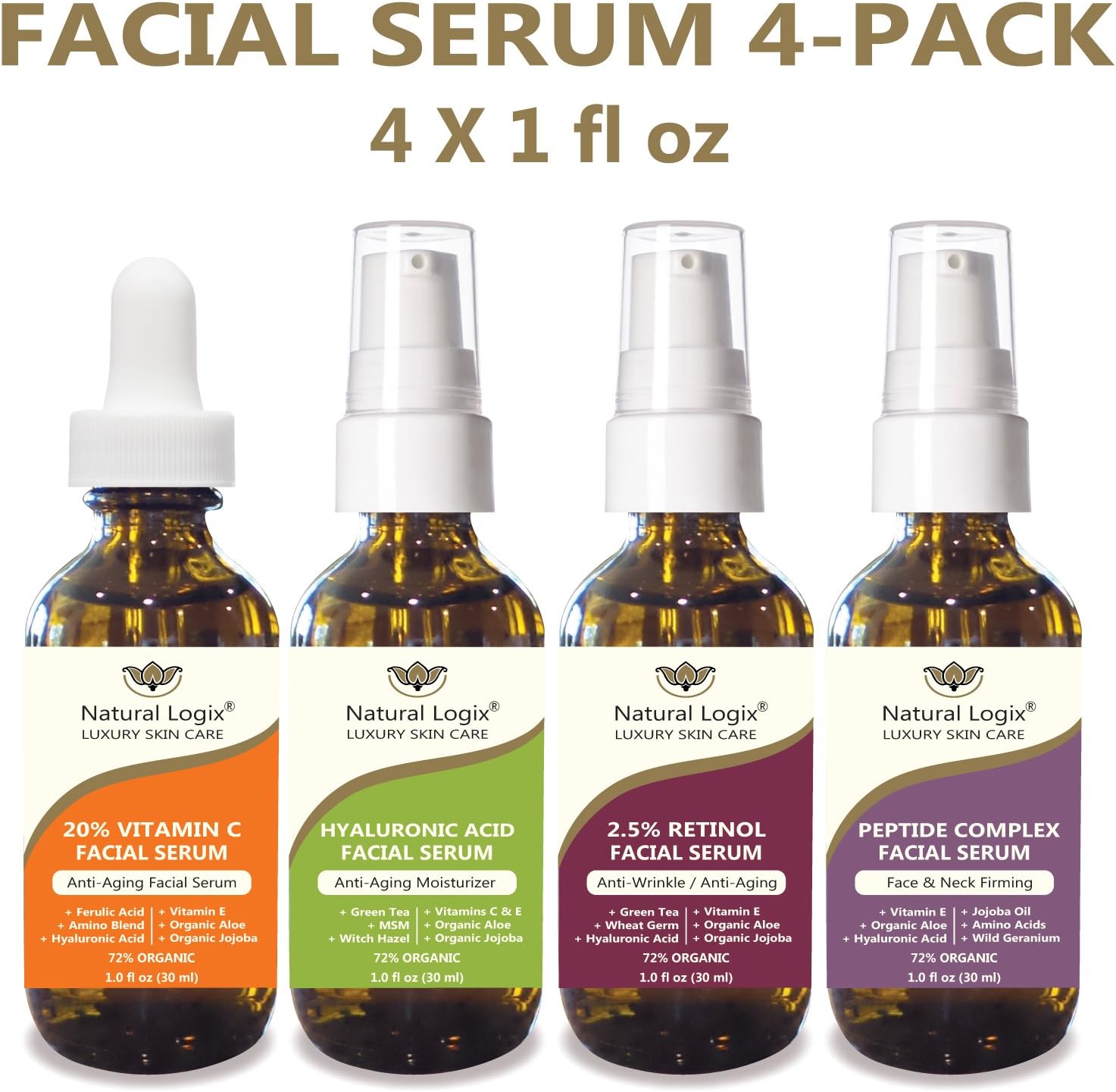 4 Bottle Serum Set – Natural Logix Anti-Aging Facial Serums - 20% VITAMIN C (1 oz) | 2.5% RETINOL (1 oz) | 1.5% HYALURONIC ACID (1 oz) | PEPTIDE COMPLEX (1 oz), Natural and Vegan (4 X 1 oz)